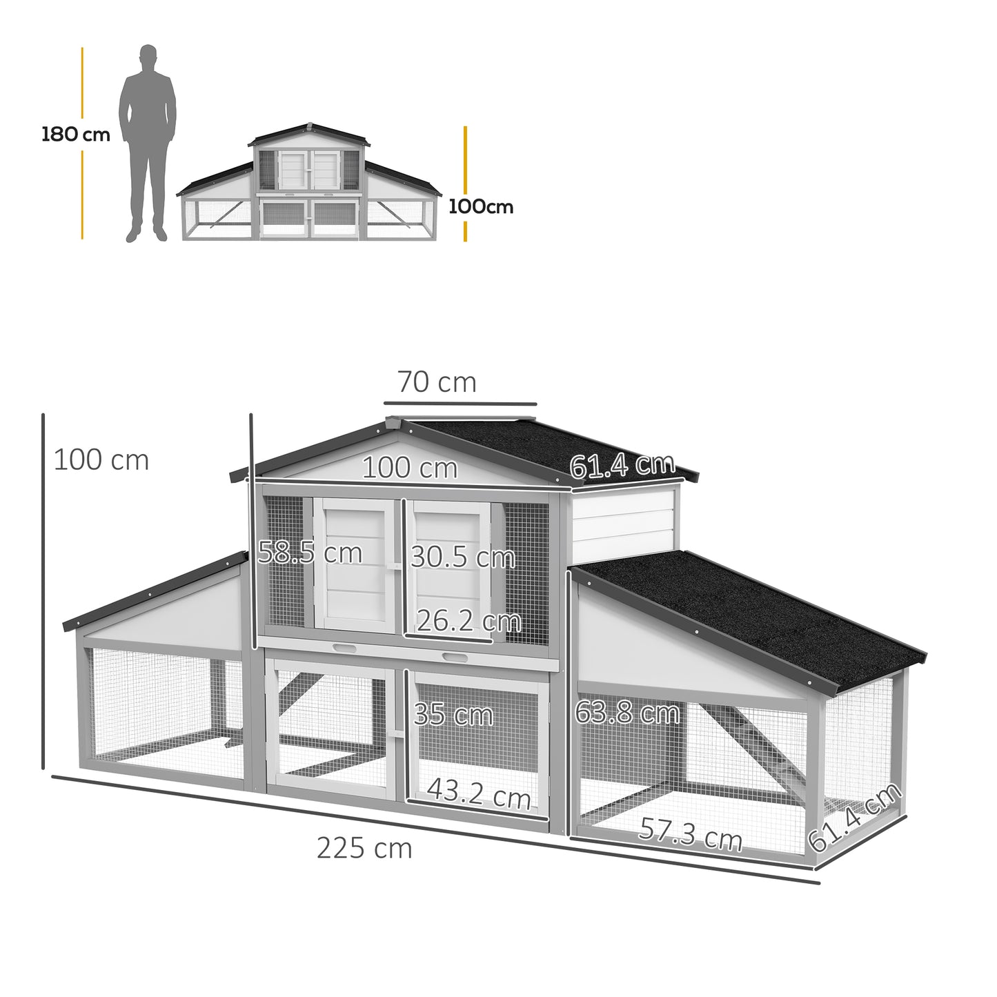PawHut Large Rabbit Hutch with Run Outdoor Bunny Cage with Tray Ramp Light Grey
