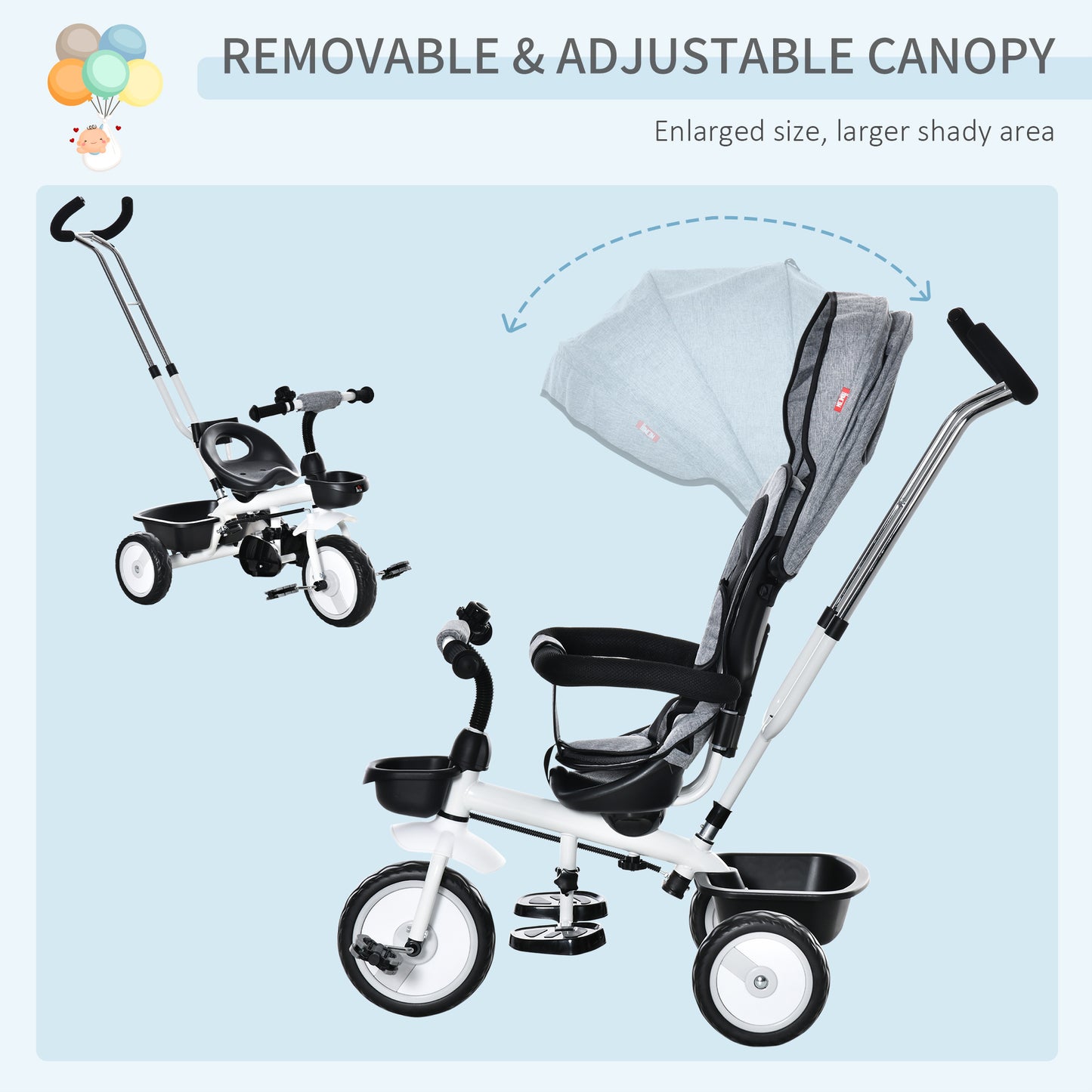 HOMCOM 6 in 1 Baby Tricycle Toddler Stroller Pedal Tricycle w/ Reversible Seat Adjustable Removable Handle Canopy Handrail Belt for 1-5 Years Old Grey