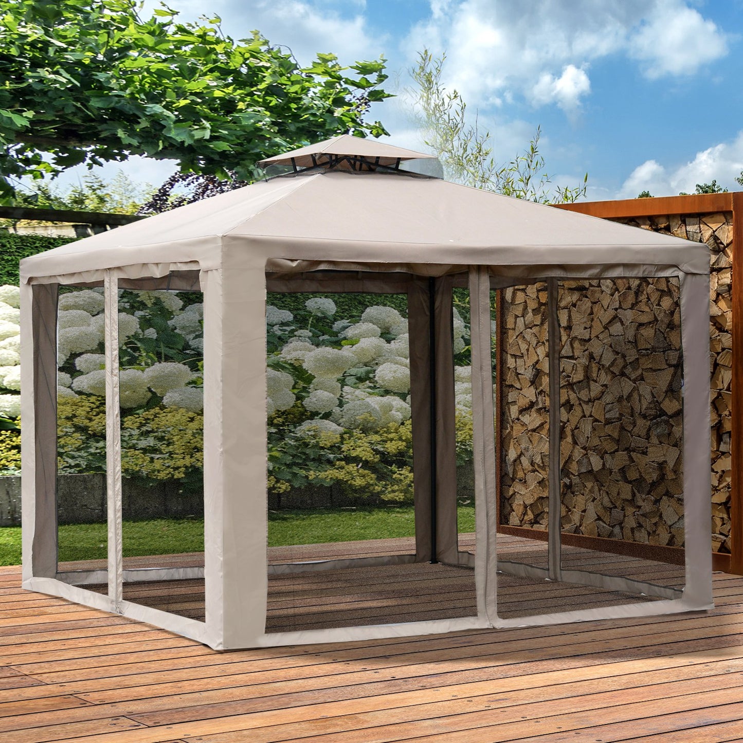 Outsunny Outdoor Gazebo, 2-tier Roof W/Netting, 295L x 295W x 263Hcm-Taupe
