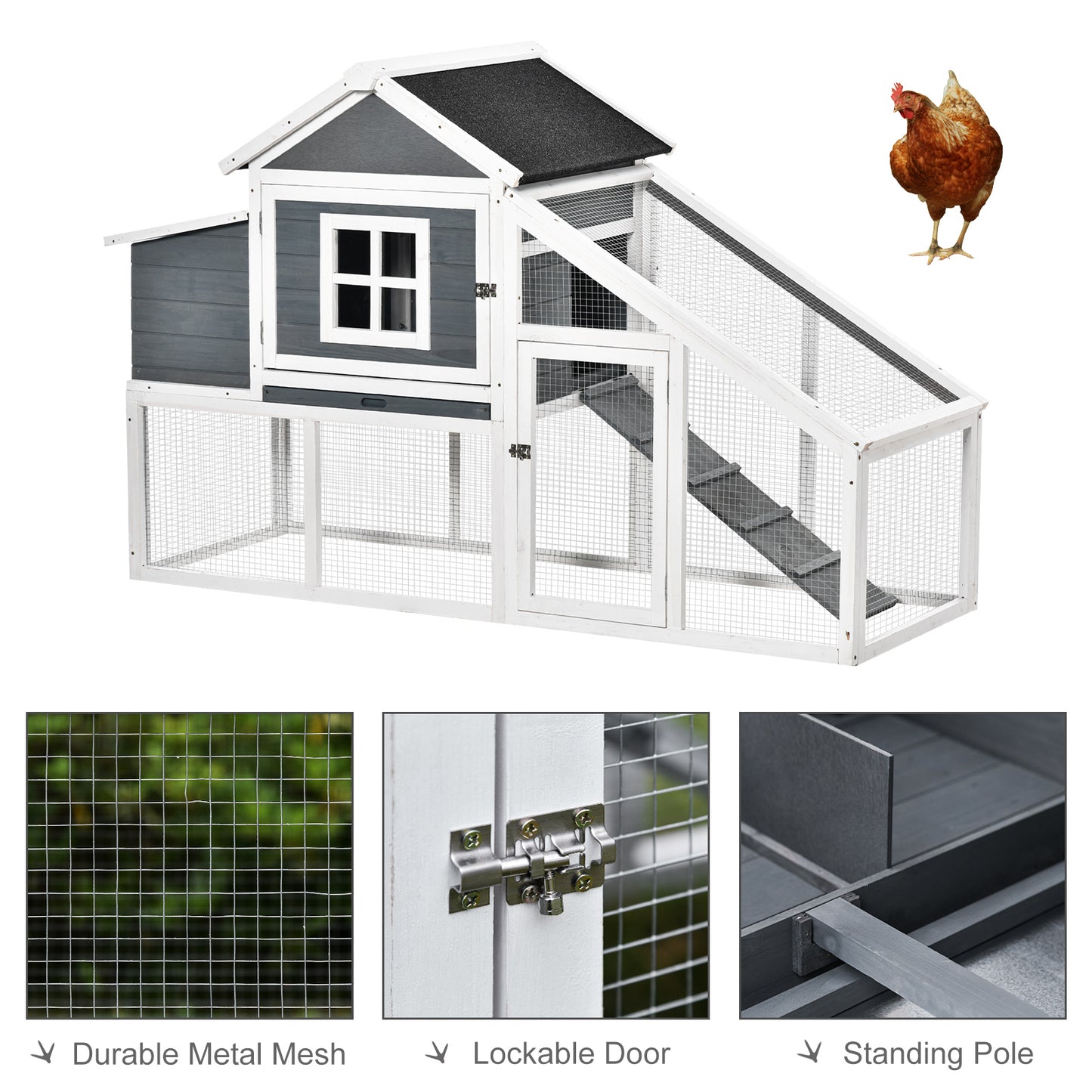 PawHut Chicken Coop, Hen House, Wooden Poultry Habitat with Outdoor Run, Nesting Box, Slide Out Tray, Lockable Doors, Ramp, 176 x 66 x 110cm, White