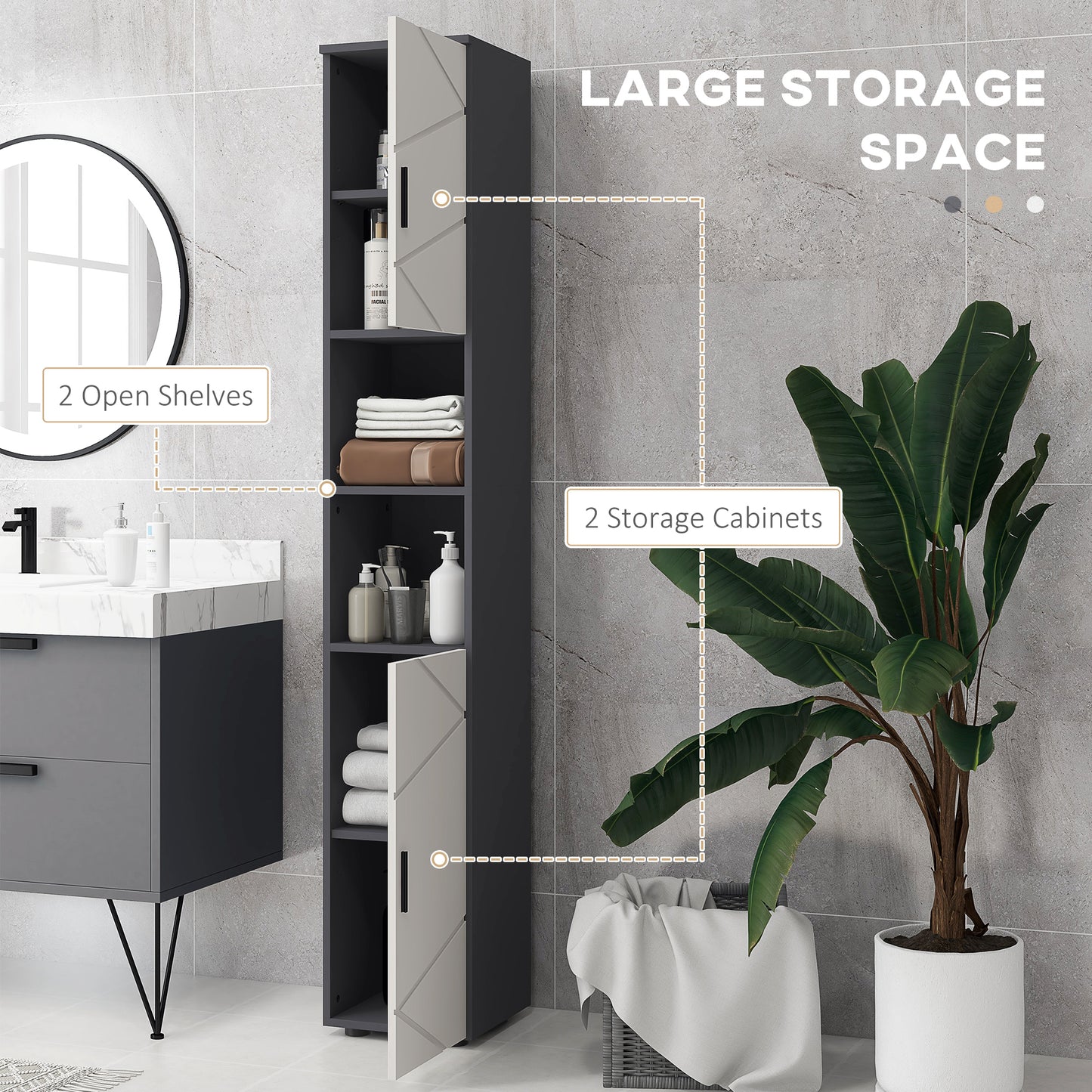 kleankin 183cm Tall Bathroom Cabinet Narrow Bathroom Storage Cabinet with Open Shelves 2 Doors Cabinets Adjustable Shelves and Soft Close Mechanism Grey