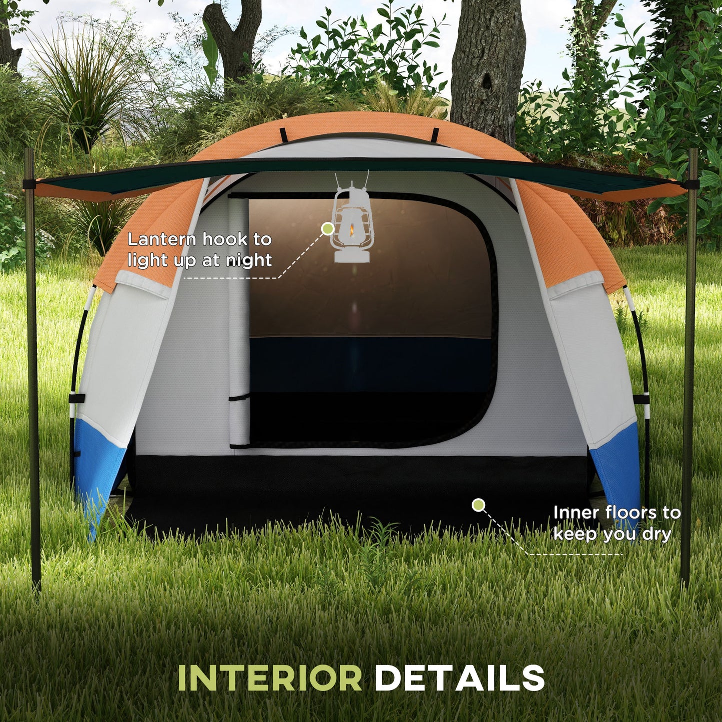 Outsunny Camping Tent, Large Tunnel Tent with Bedroom and Living Area, 2000mm Waterproof, Portable with Bag for 2-3 Man, Orange