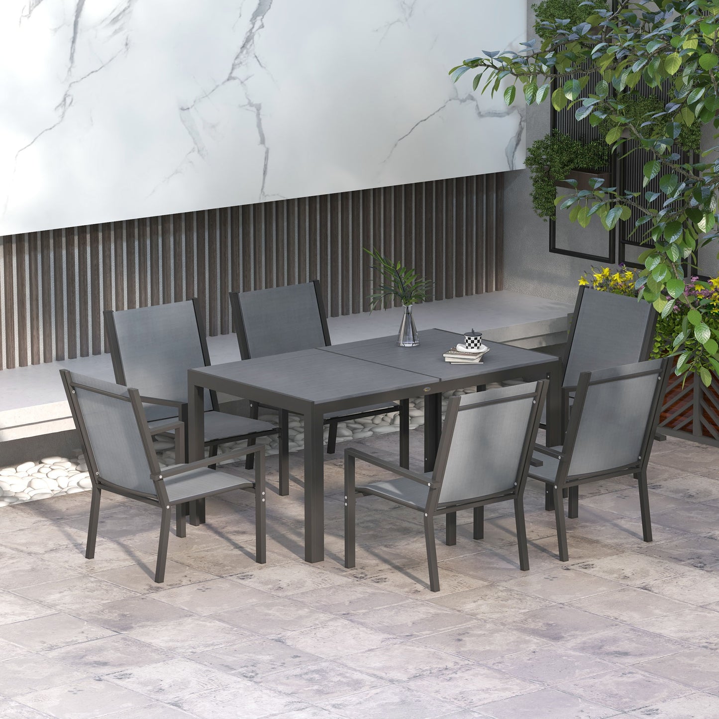 Outsunny 7 Pieces Garden Dining Set with Wood-plastic Composite Dining Table, Outdoor Table and 6 Stackable Armchairs with Breathable Mesh Fabric Seats and Backrest, Light Grey
