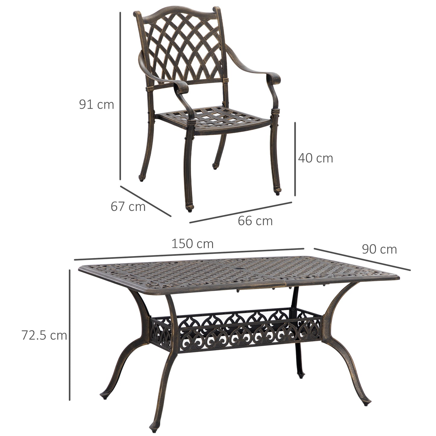 Outsunny 6-Seater Patio Dining Set with Umbrella Hole, Cast Aluminum Patio Furniture Set with Six Cushioned Chairs and Rectangle Dining Table, for Garden, Lawn, Deck, Bronze