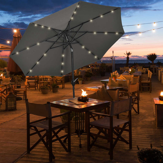 Outsunny Garden Parasol Outdoor Tilt Sun Umbrella Patio 24 LED Light Hand Crank Grey