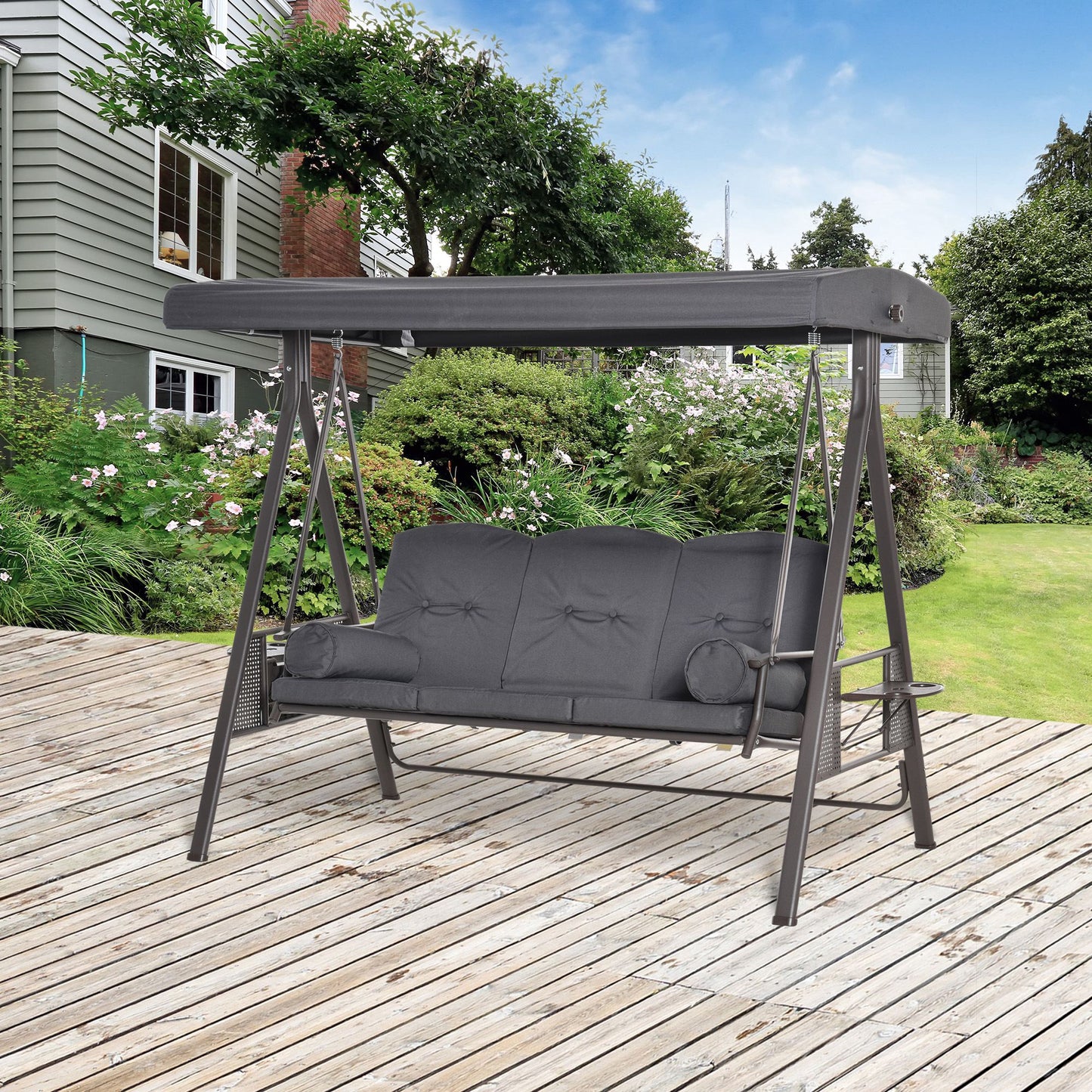 Outsunny 3 Seat Garden Swing Chair Steel Swing Bench w/ Cushions Cup Trays