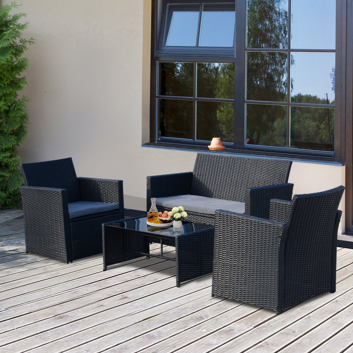 Outsunny 4-Seater Outdoor Garden PE Rattan Sofa Set w/ Coffee Table Black