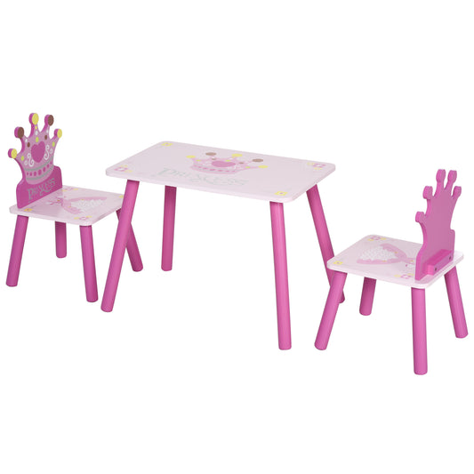 HOMCOM 3PCS Kids Wooden Table Chair with Crown Pattern Gift for Girls Toddlers