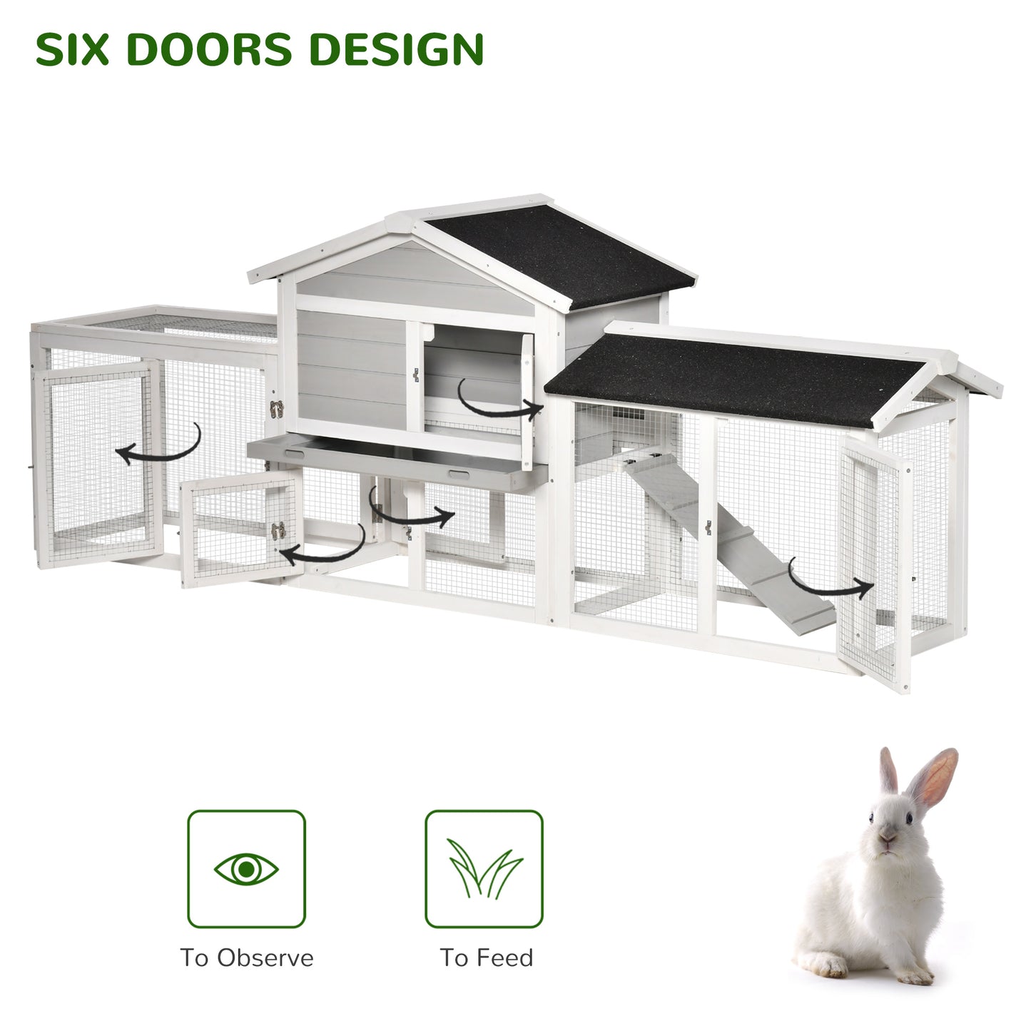 PawHut 2 Tier Wooden Rabbit Hut w/ Tray, Ramps, Run Area, Asphalt Roof for Outdoor Grey