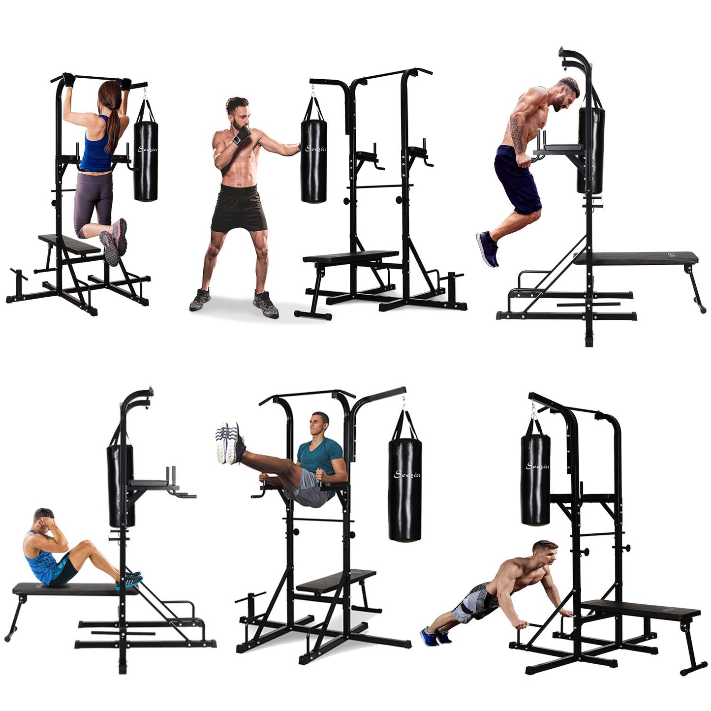 HOMCOM Multi Function Full Body Power Tower Dip Station Home Gym with Punching Bag