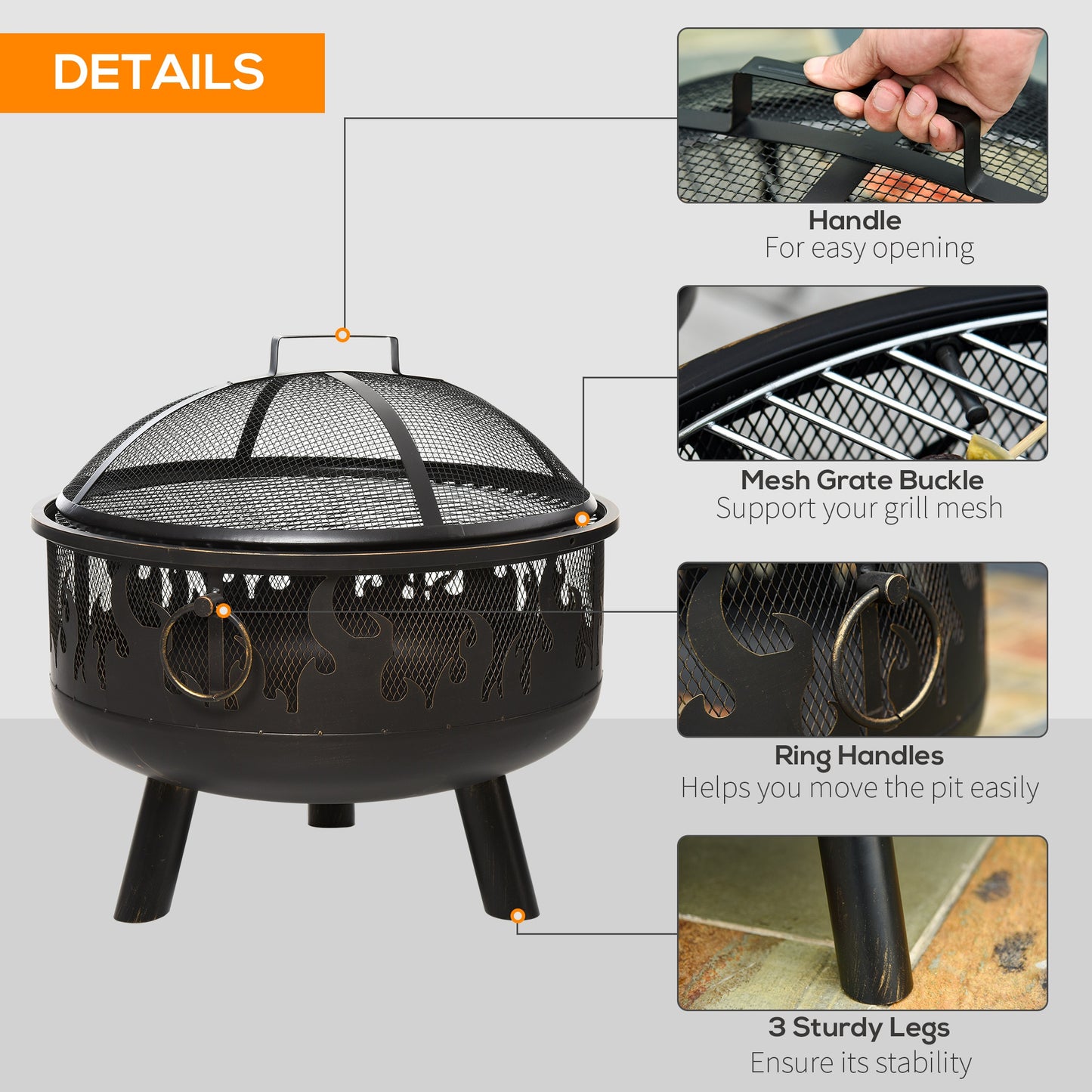 Outsunny Outdoor Fire Pit with Grill Cooking Grate W/ Cover Fire Poker Yard Bonfire Patio
