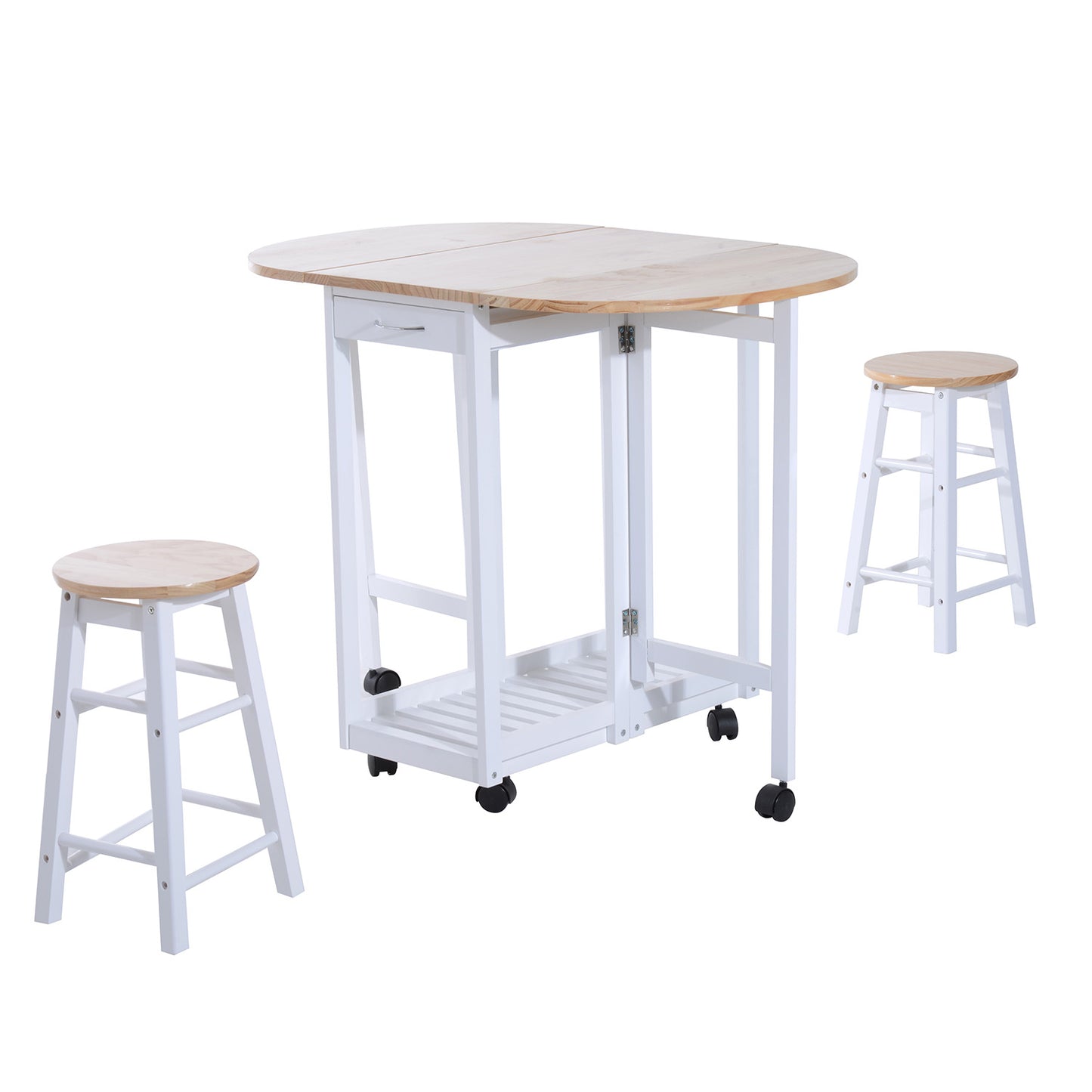 HOMCOM Pine Wood 3-Piece Compact Folding Dining Table with Stools White