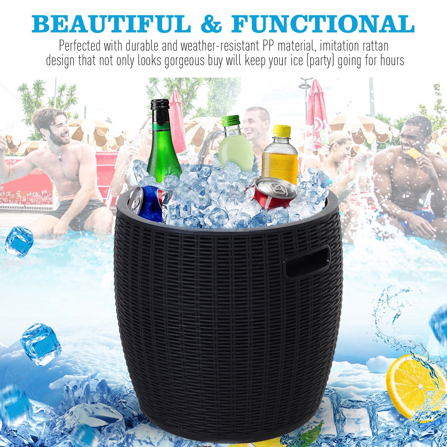 Outsunny 45L Outdoor Rattan-Effect PP Lift-Top Ice Cooler Table Black
