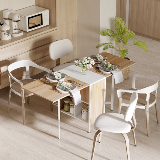 HOMCOM Drop Leaf Table with Storage Shelves-Oak/White Colour