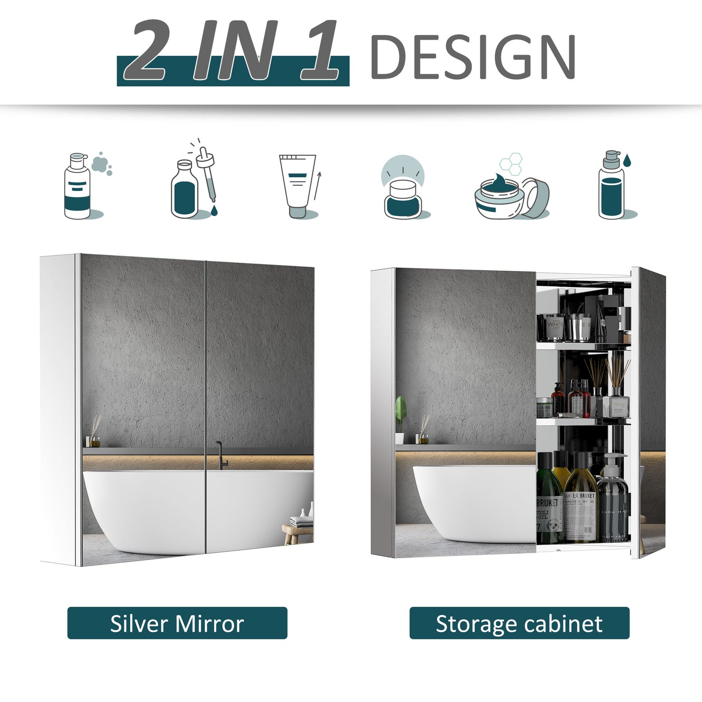 HOMCOM Stainless Steel Double Doors Bathroom Mirror Cabinet, 60x55x12 cm