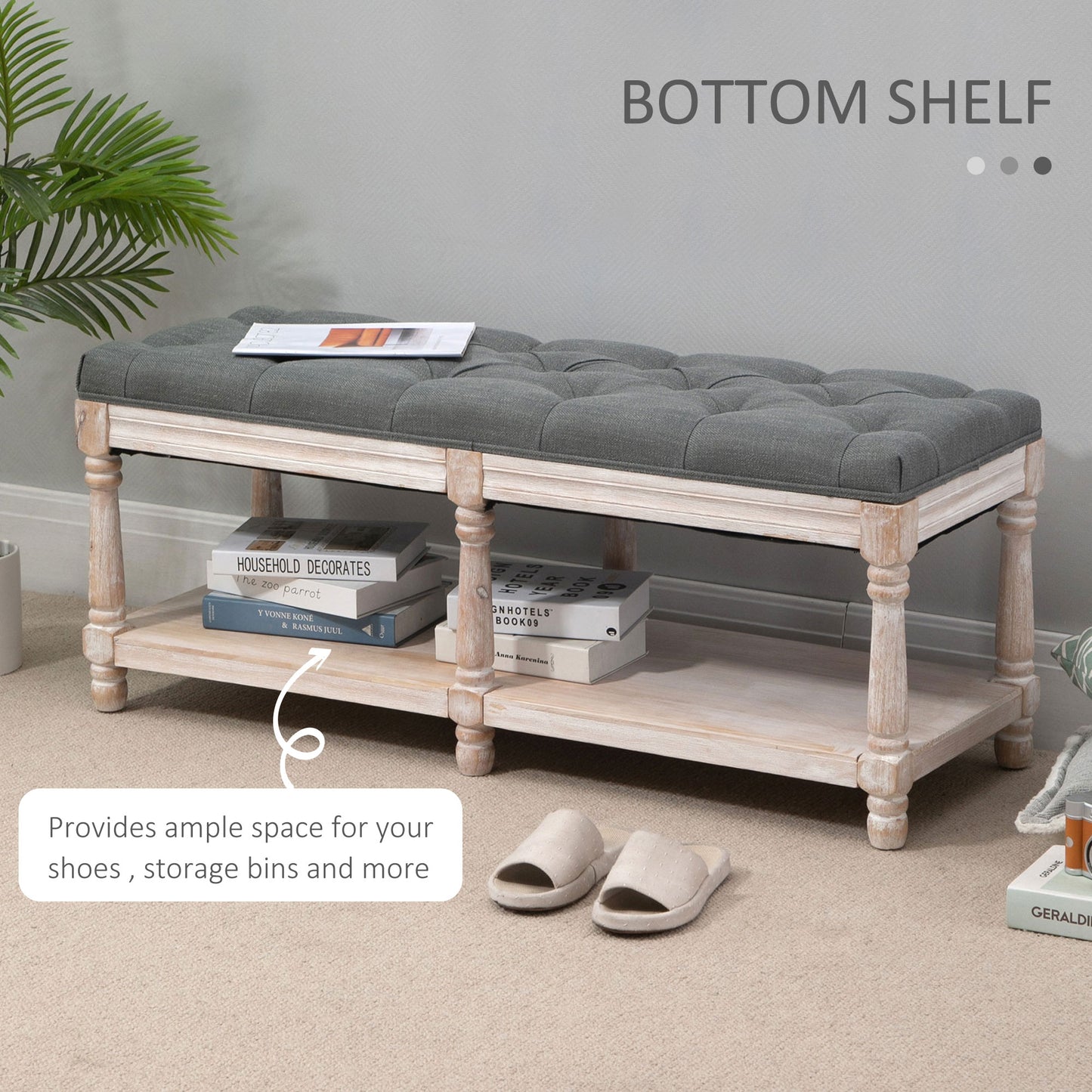 HOMCOM Shoe Rack Bench w/ Button Tufted Seat Cushion for Hallway Bedroom Grey