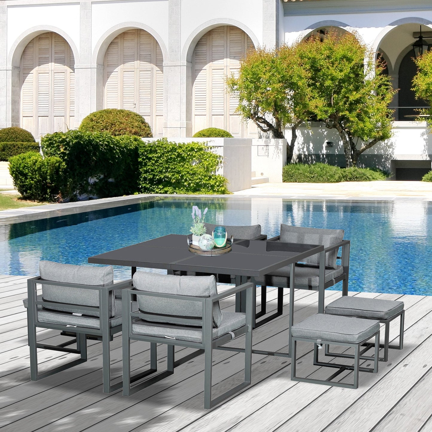 Outsunny 9 PCs Patio Dining Sets W/ 4 Cushioned Chairs 4 Ottoman Table Garden Backyard