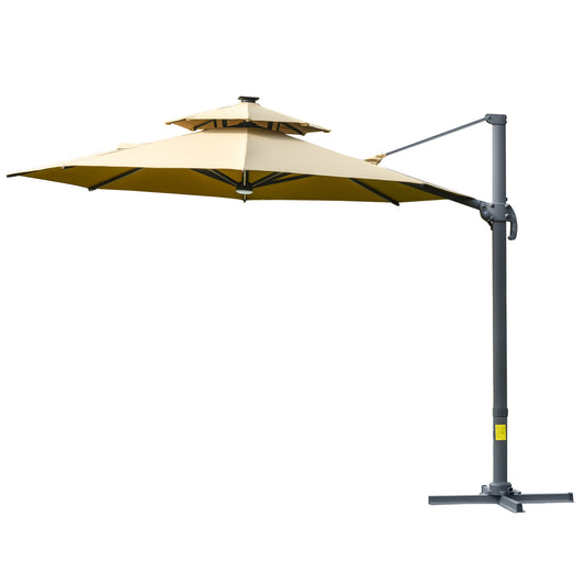 Outsunny 3m Cantilever Parasol w/ Solar Lights Power Bank Base 360° Spin Khaki