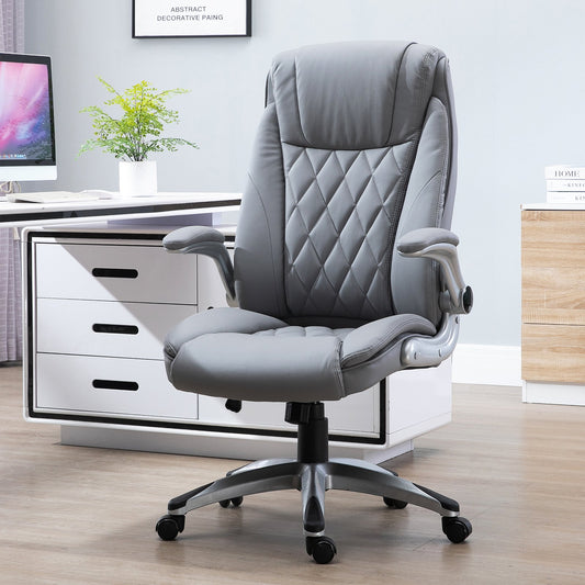 Vinsetto High Back Executive Office Chair Home Swivel PU Leather Ergonomic Chair, with Flip-up Arm, Wheels, Adjustable Height, Grey