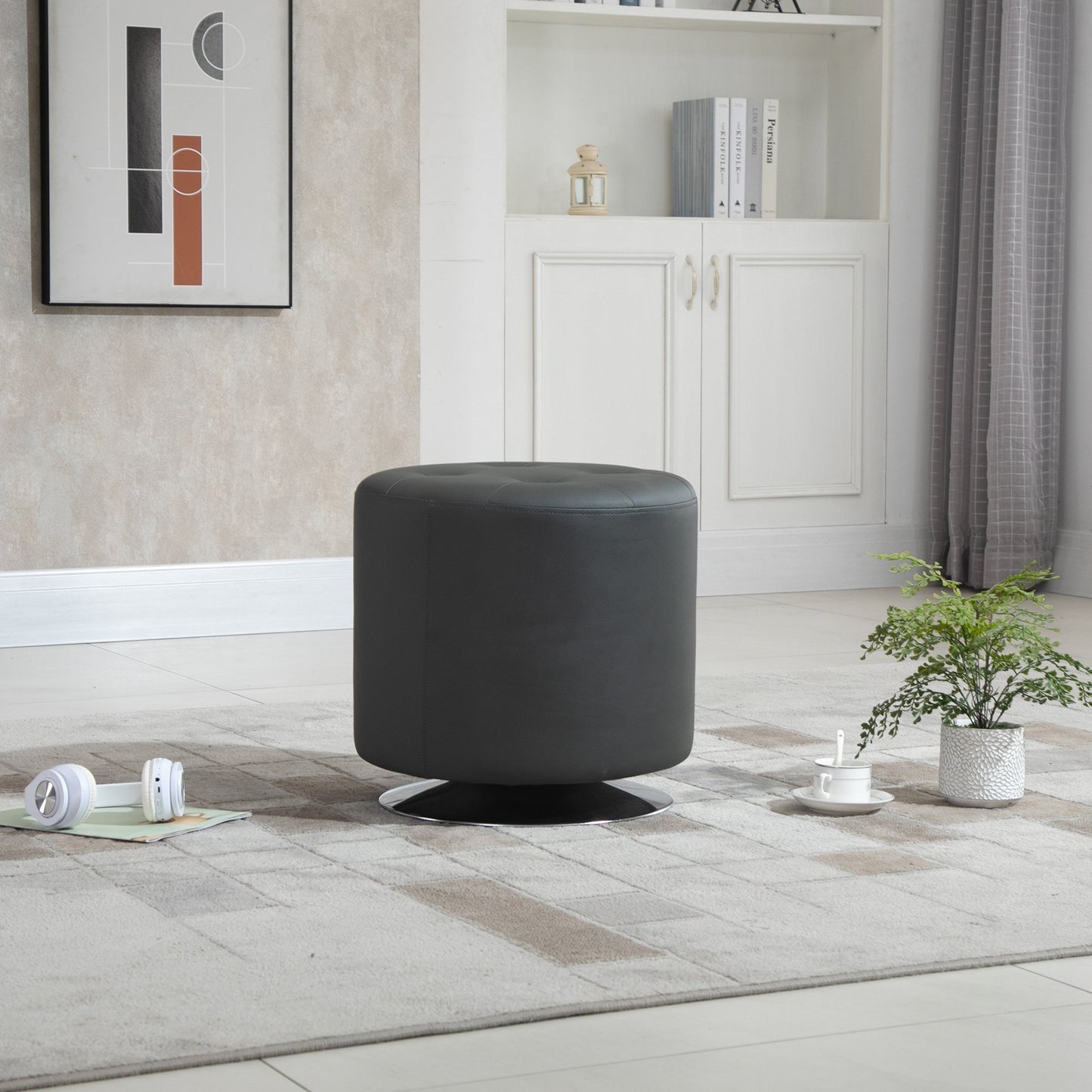 HOMCOM 360° Swivel Foot Stool Round PU Ottoman with Thick Sponge Padding and Solid Steel Base, Grey