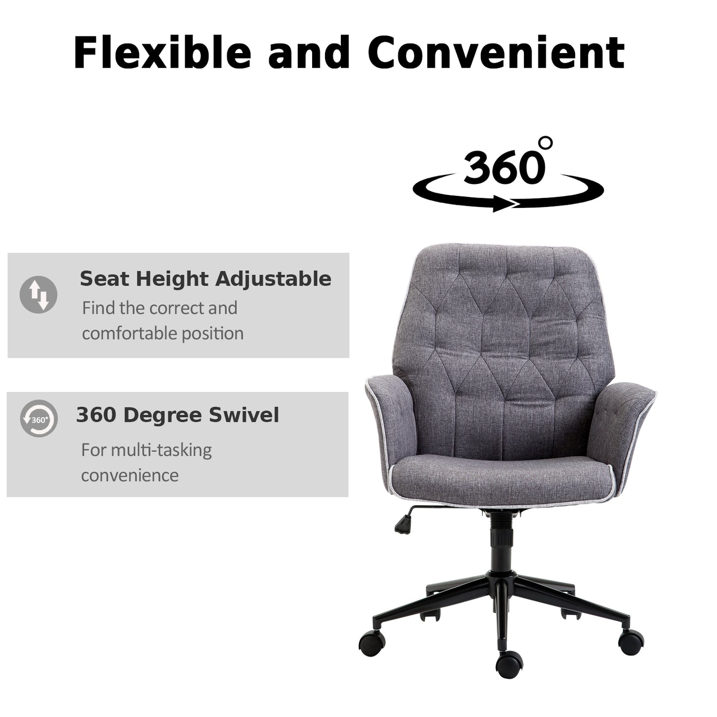 HOMCOM Linen-Feel Fabric Office Swivel Chair Mid Back Computer Desk Chair with Adjustable Seat, Arm - Grey