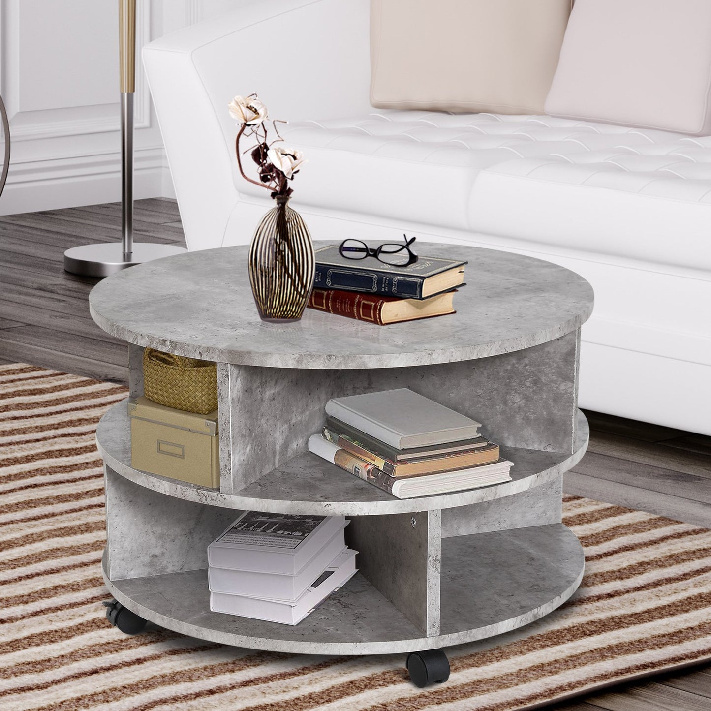 HOMCOM 2 Tier Round Side End Table Coffee Desk with Divided Shelves Tea Table Storage Unit Living Room Organiser with Wheels - Cement colour