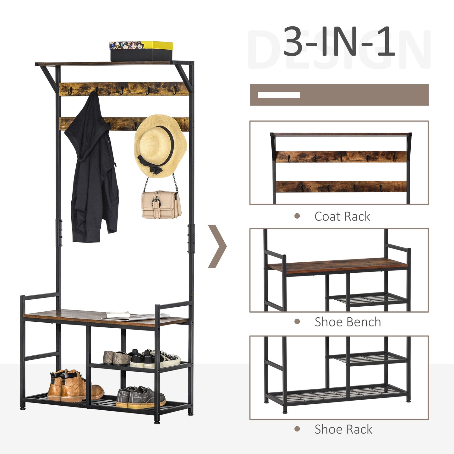 HOMCOM Coat Rack Stand Shoe Storage Bench with 9 Hooks Shelves 180cm