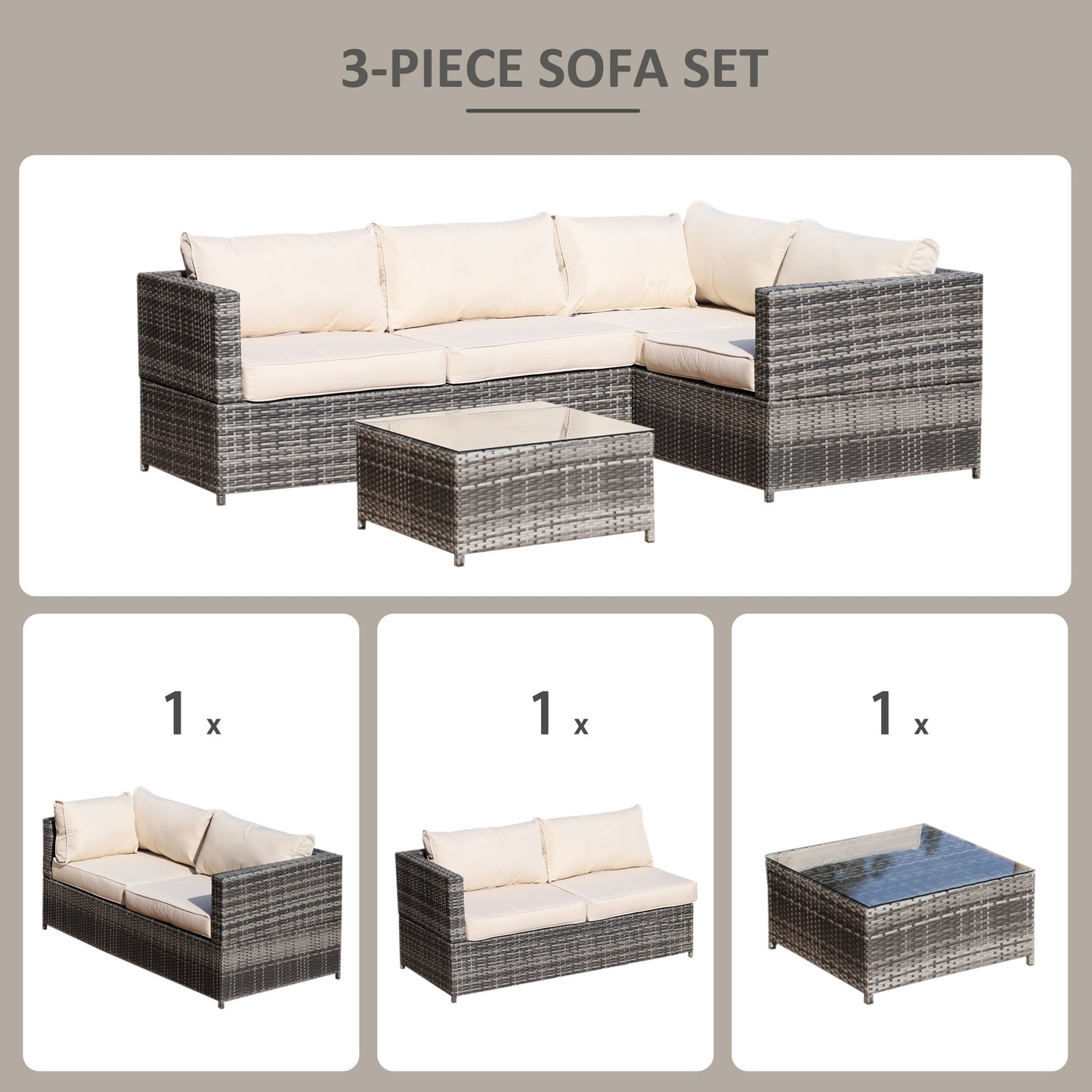 Outsunny 3 Pcs Rattan Dining Sofa Set W/ Cushions, Iron Frame-Grey/Beige