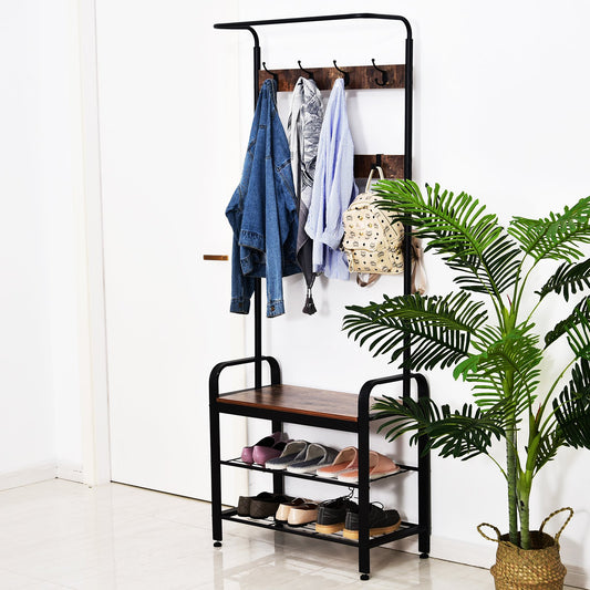 HOMCOM Hallway Organiser Unit Industrial Vintage Hanger for Coats Bags Shoes Freestanding Metal Frame w/ 8 Hook 2 Shelves