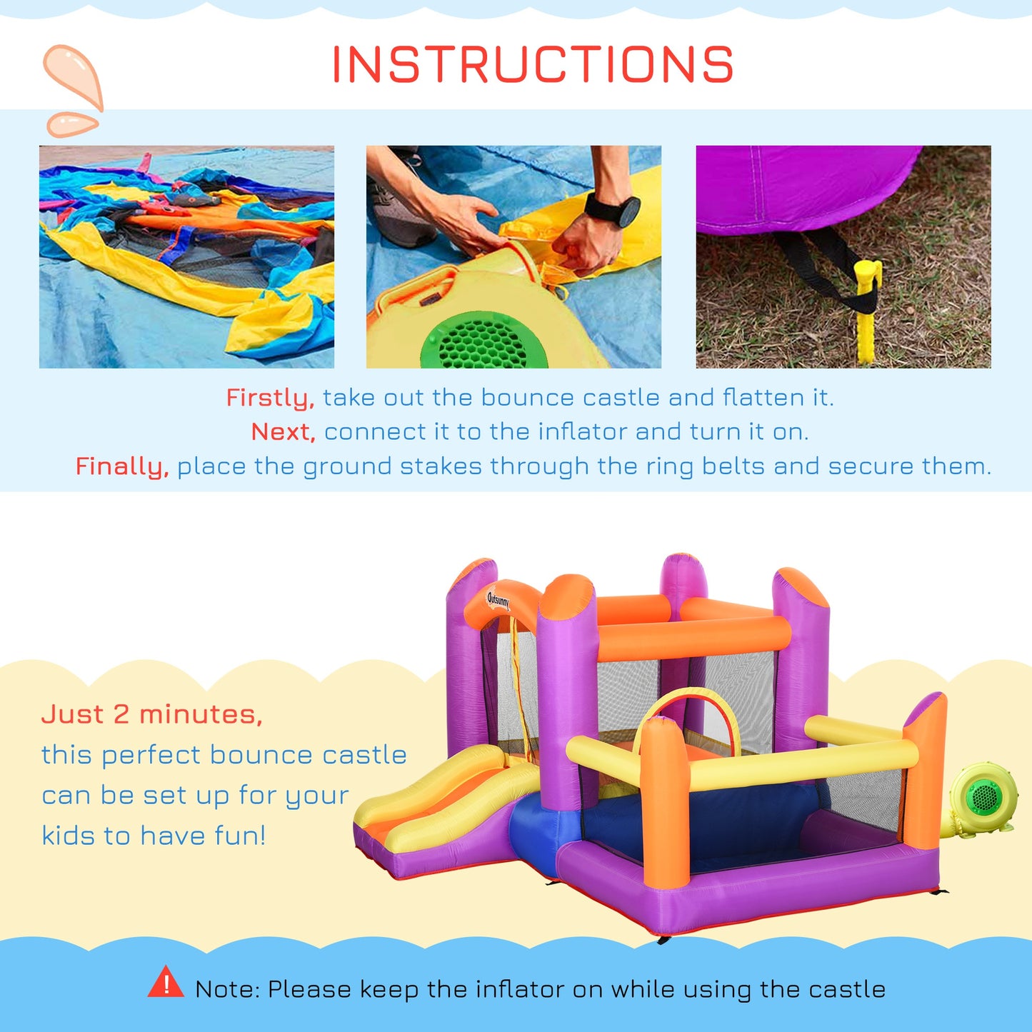 Outsunny Bounce Castle Inflatable Trampoline Slide Pool with inflator 3 x 2.8 x 1.7m