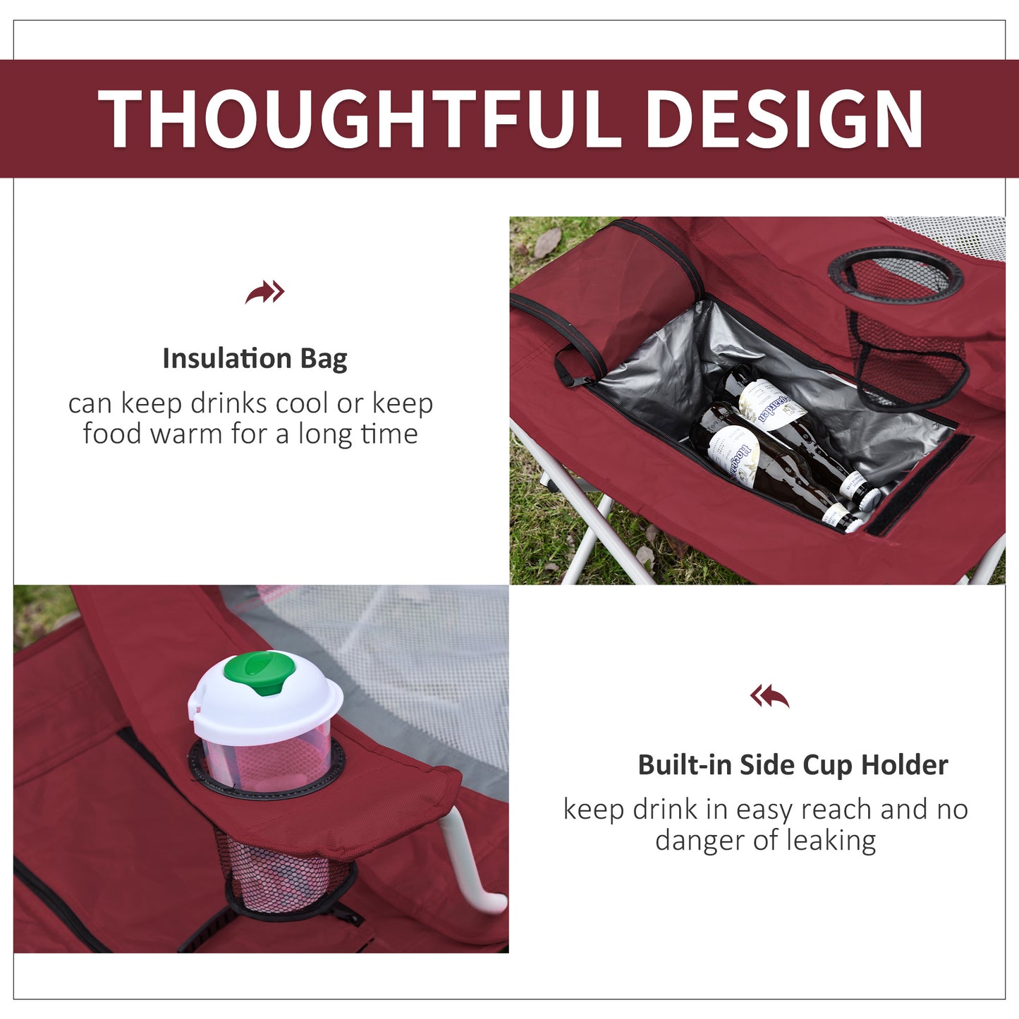 Outsunny Folding Camping Chair w/ Insulation Bag, Cup Holders And Side Table Wine Red