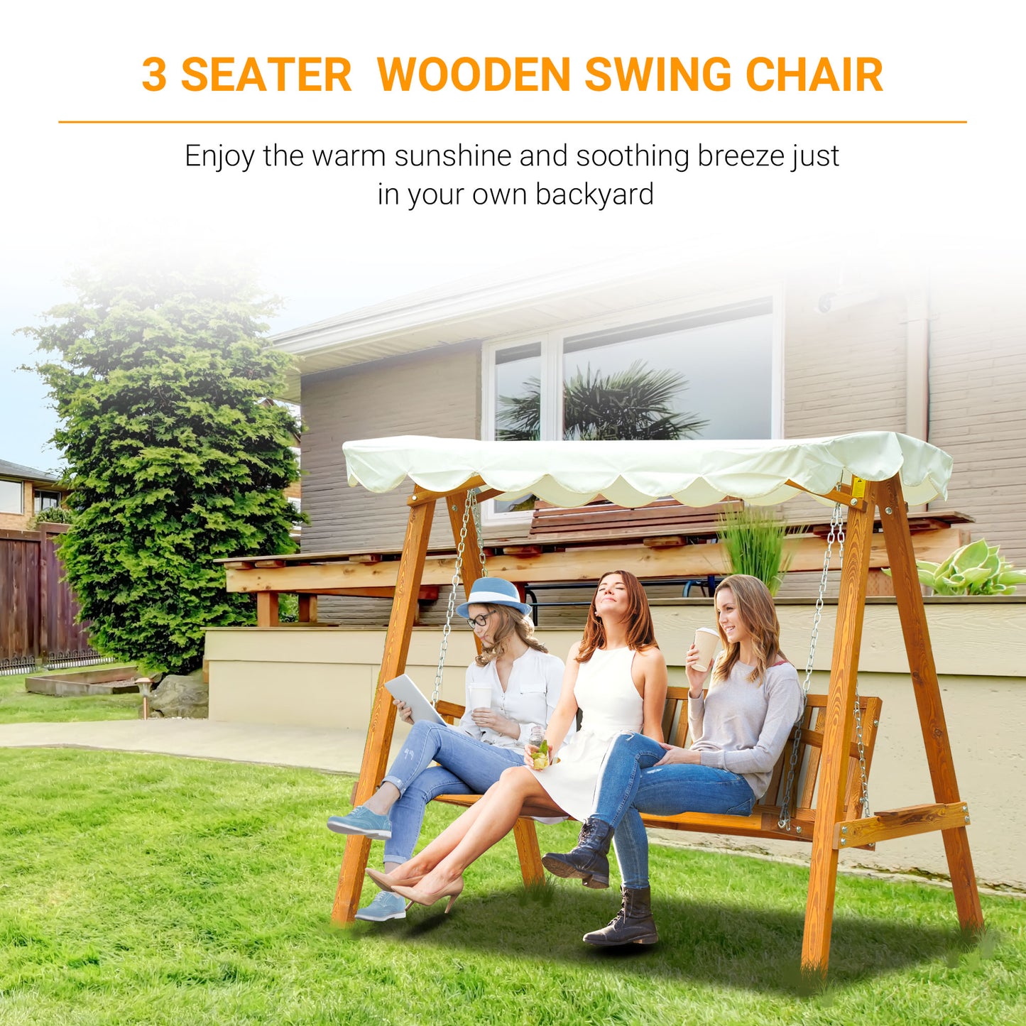 Outsunny 3-Seater Wooden Garden Swing Chair Seat Bench-Cream
