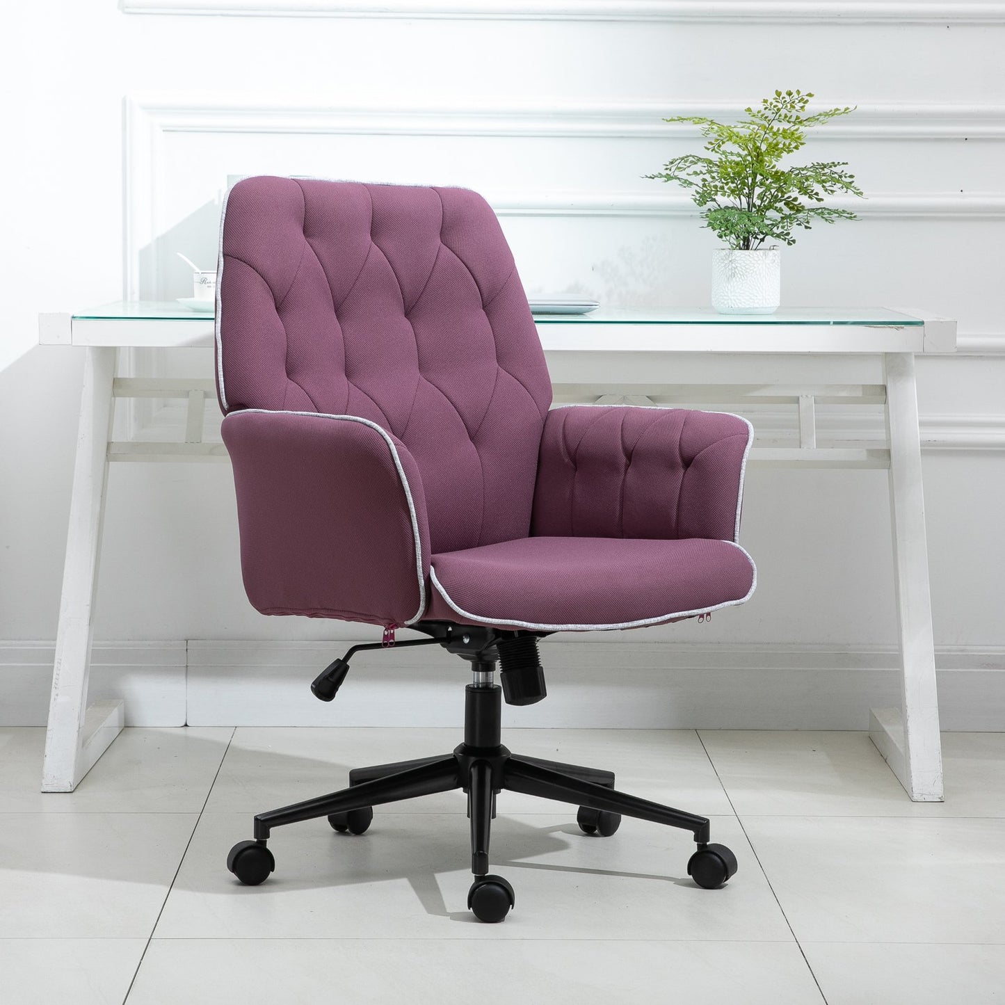 Vinsetto Linen Office Swivel Chair Mid Back Computer Desk Chair with Adjustable Seat, Arm - Purple