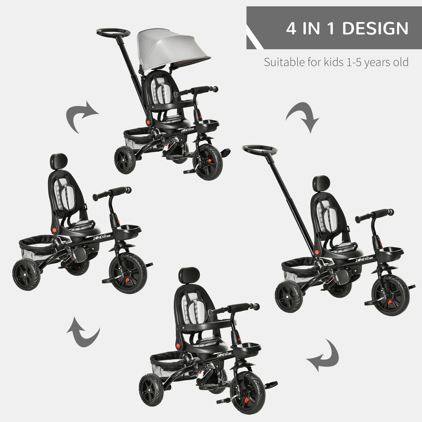 HOMCOM 4 in 1 Baby Tricycle Toddler Stroller Foldable Pedal Tricycle w/ Reversible Angle Adjustable Seat Removable for 1-5 Years - Grey