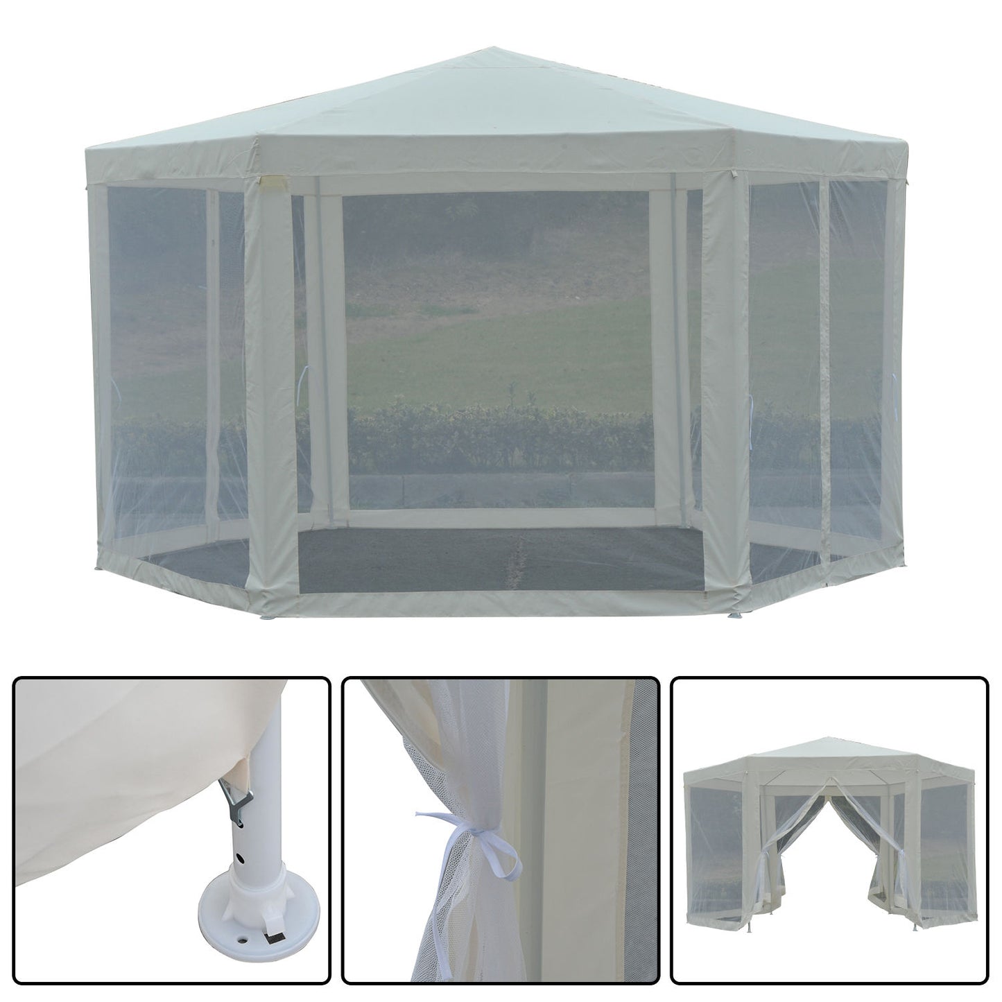 Outsunny Hexagon Netting  Gazebo-Creamy White