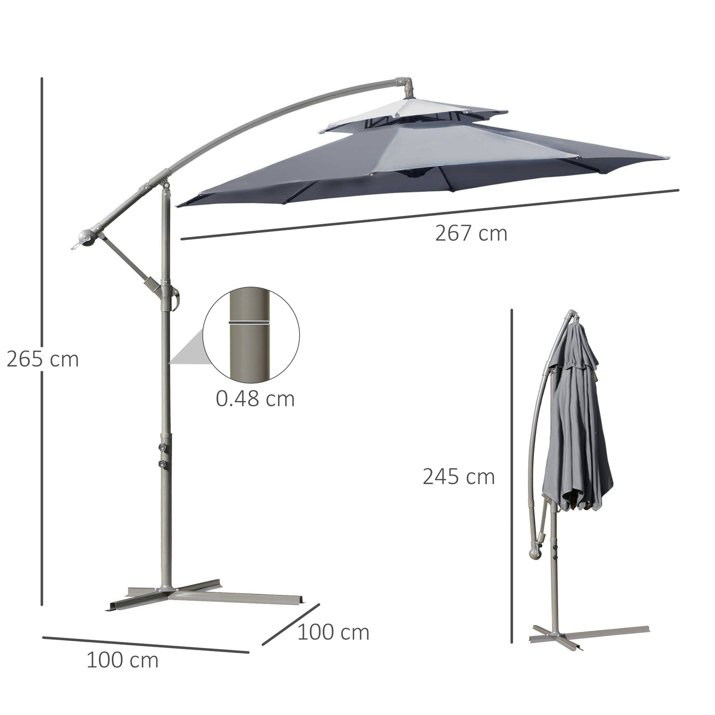 Outsunny 2.7m Garden Banana Parasol Cantilever Umbrella with Crank Handle, Double Tier Canopy and Cross Base for Outdoor, Hanging Sun Shade, Dark Grey w/ Canopy, Crank,