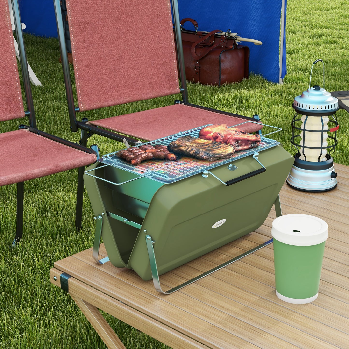 Outsunny Foldable Suitcase Design Mini Charcoal Barbecue Grill BBQ, Green