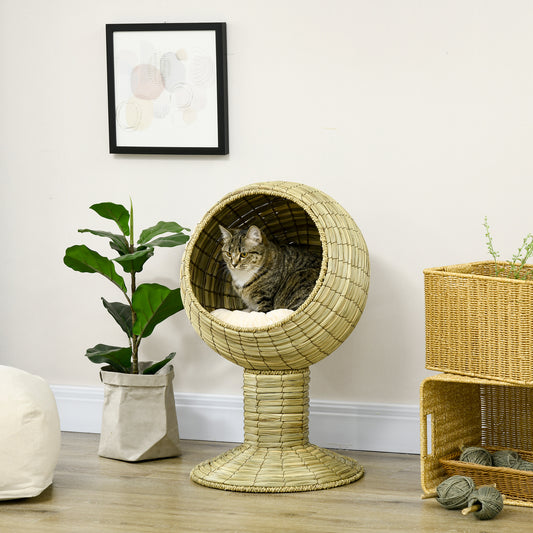 PawHut Raised Cat House, Natural Mat Grass Cat Bed, Kitten Cave with Stand Cushion, Detachable Top, Round, Yellow, Φ41x 71,5 cm