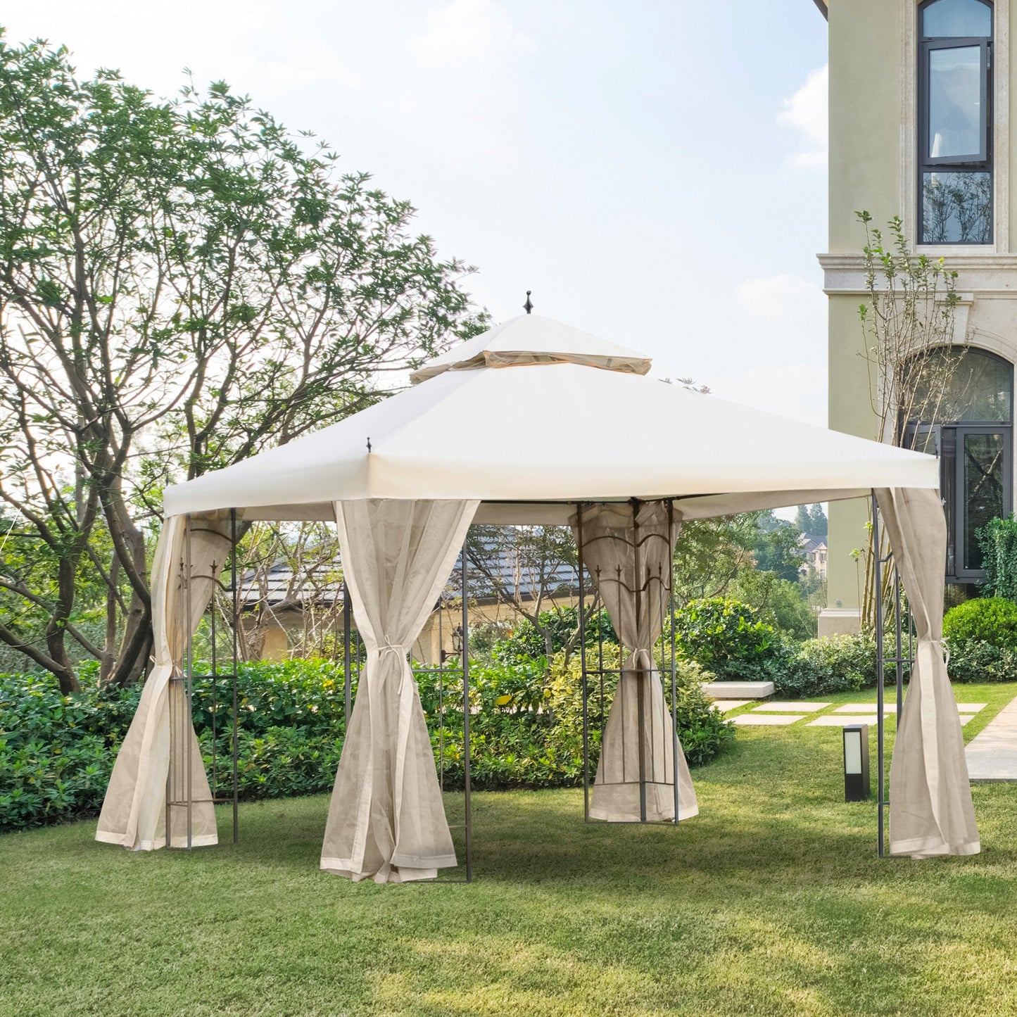 Outsunny 300cmX300cm Garden Gazebo Double Top Gazebo Canopy w/ Mesh Curtain Beige