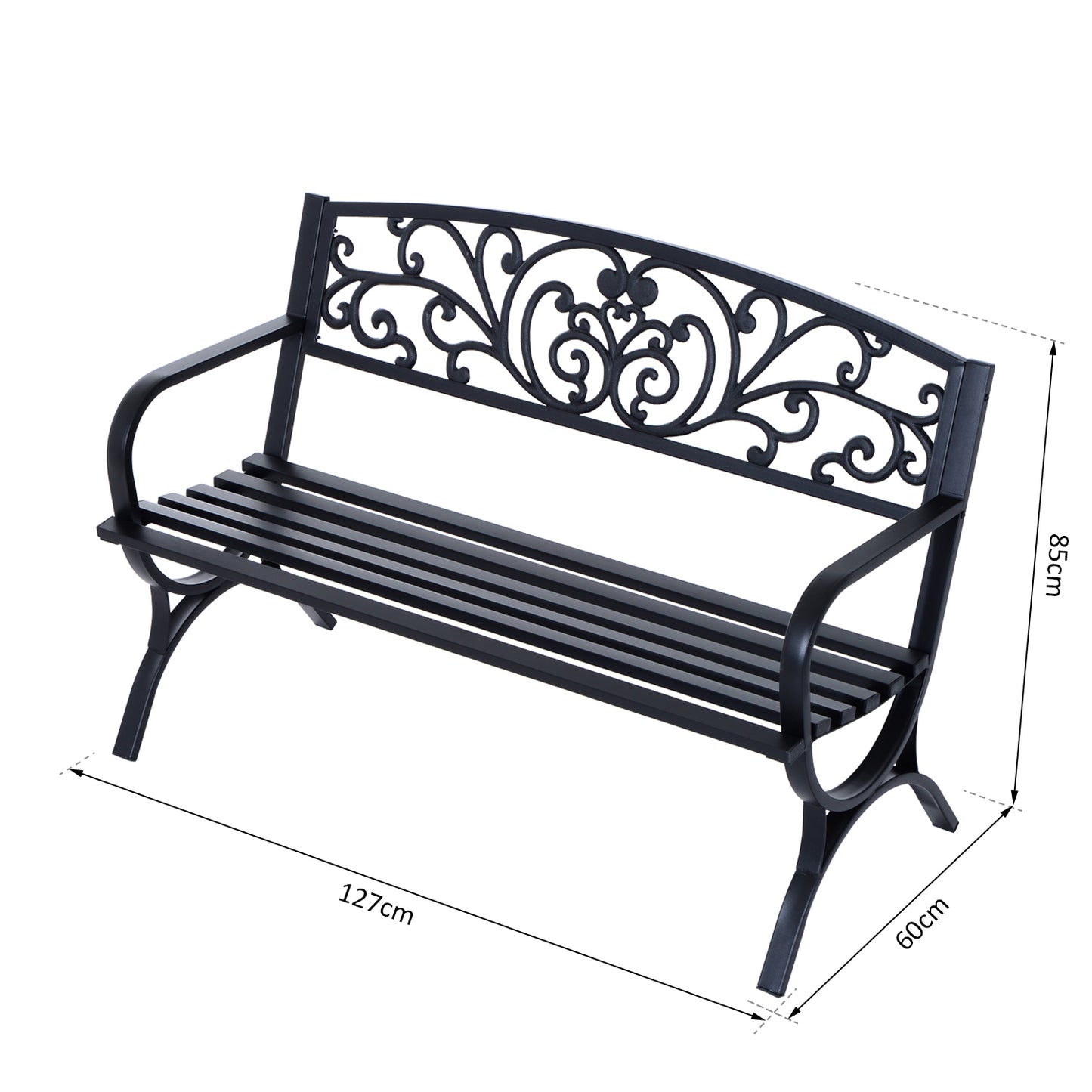 Outsunny 127L x 60W x 85H cm Powder Coated Garden Bench for Patio Backyard, Steel-Black