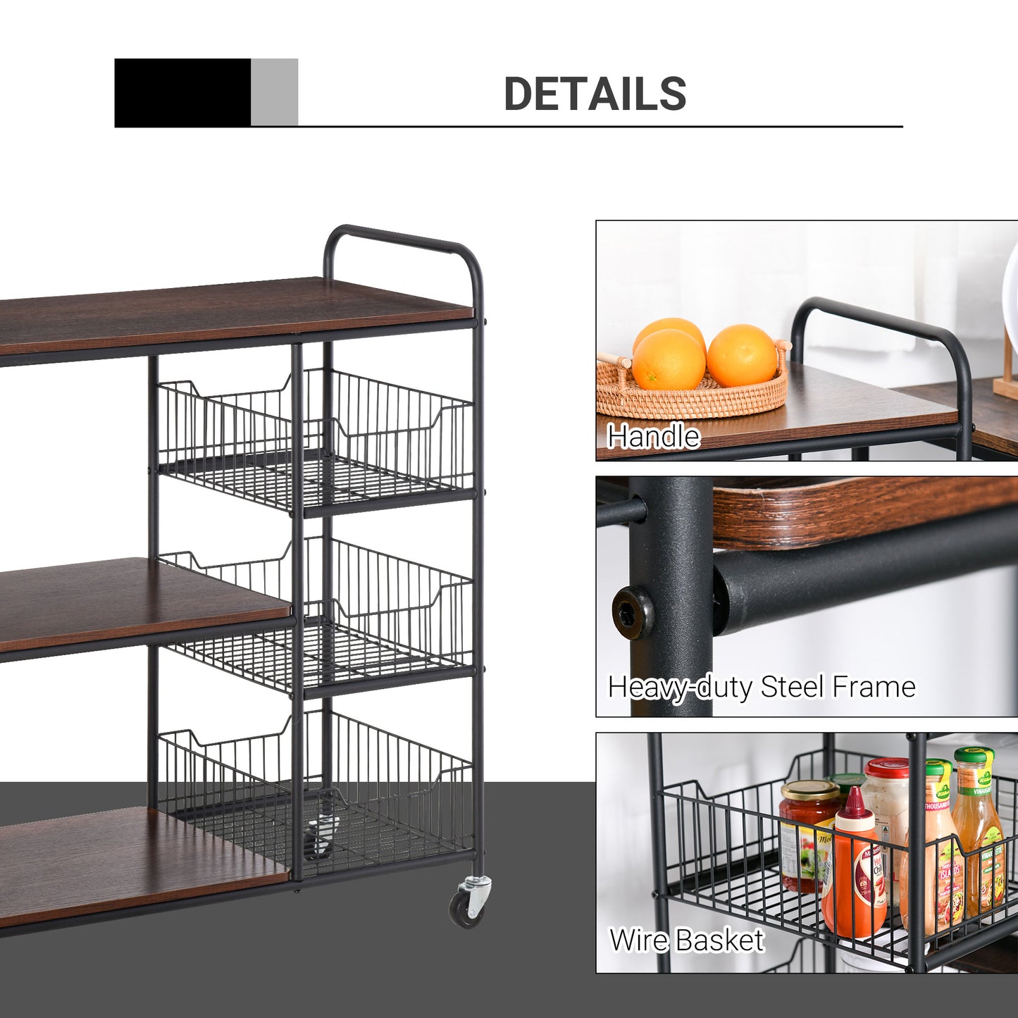 HOMCOM Industrial-Style Kitchen Dining Storage Cart Trolley w/ Shelves Baskets Wheels