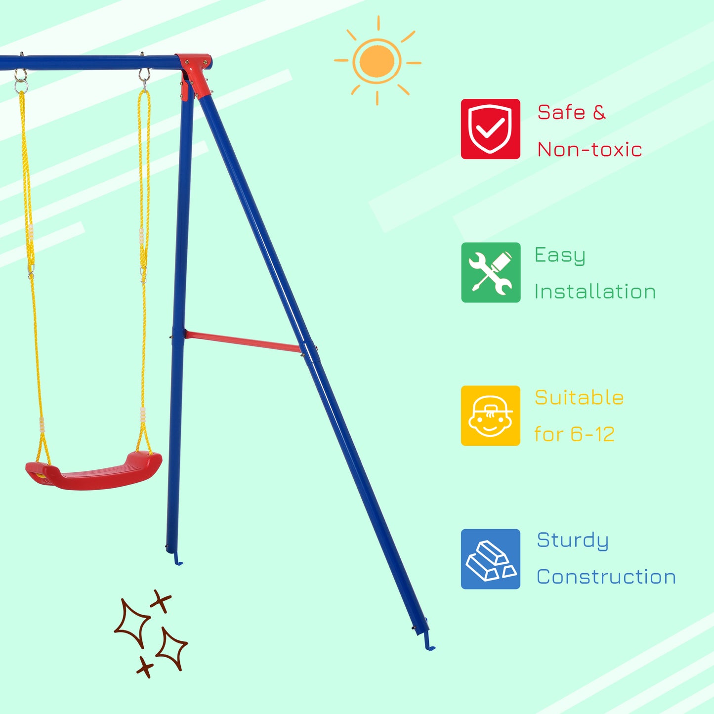 Outsunny Metal Swing Set w/ Adjustable Rope Heavy Duty A-Frame Stand Outdoor Playset