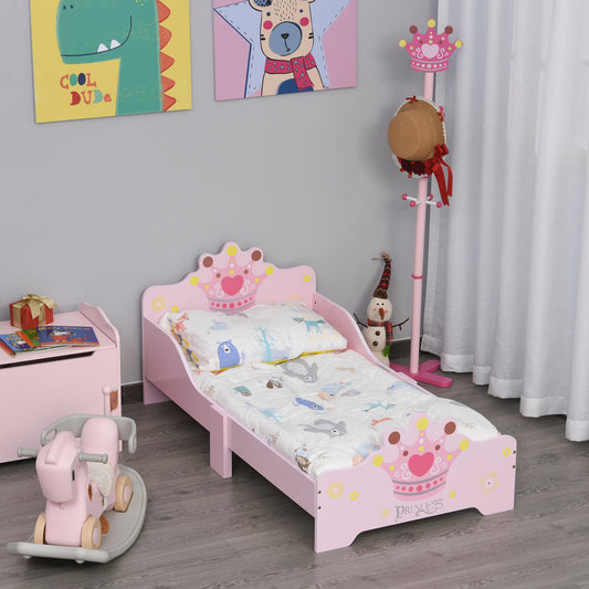 HOMCOM Kids Wooden Bed w/ Crown Modeling Safety Side Rails Gift for Toddlers Girls