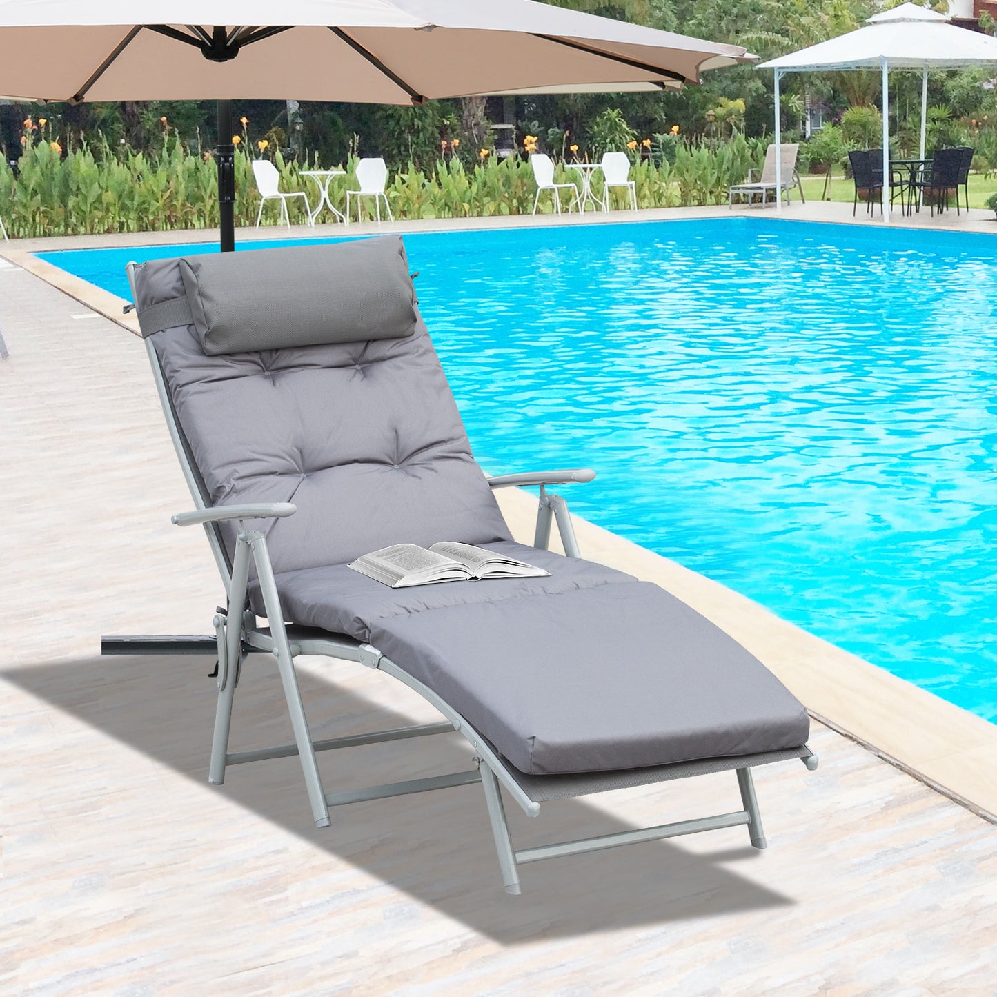 Outsunny Steel Frame Outdoor Garden Padded Sun Lounger w/ Pillow Grey