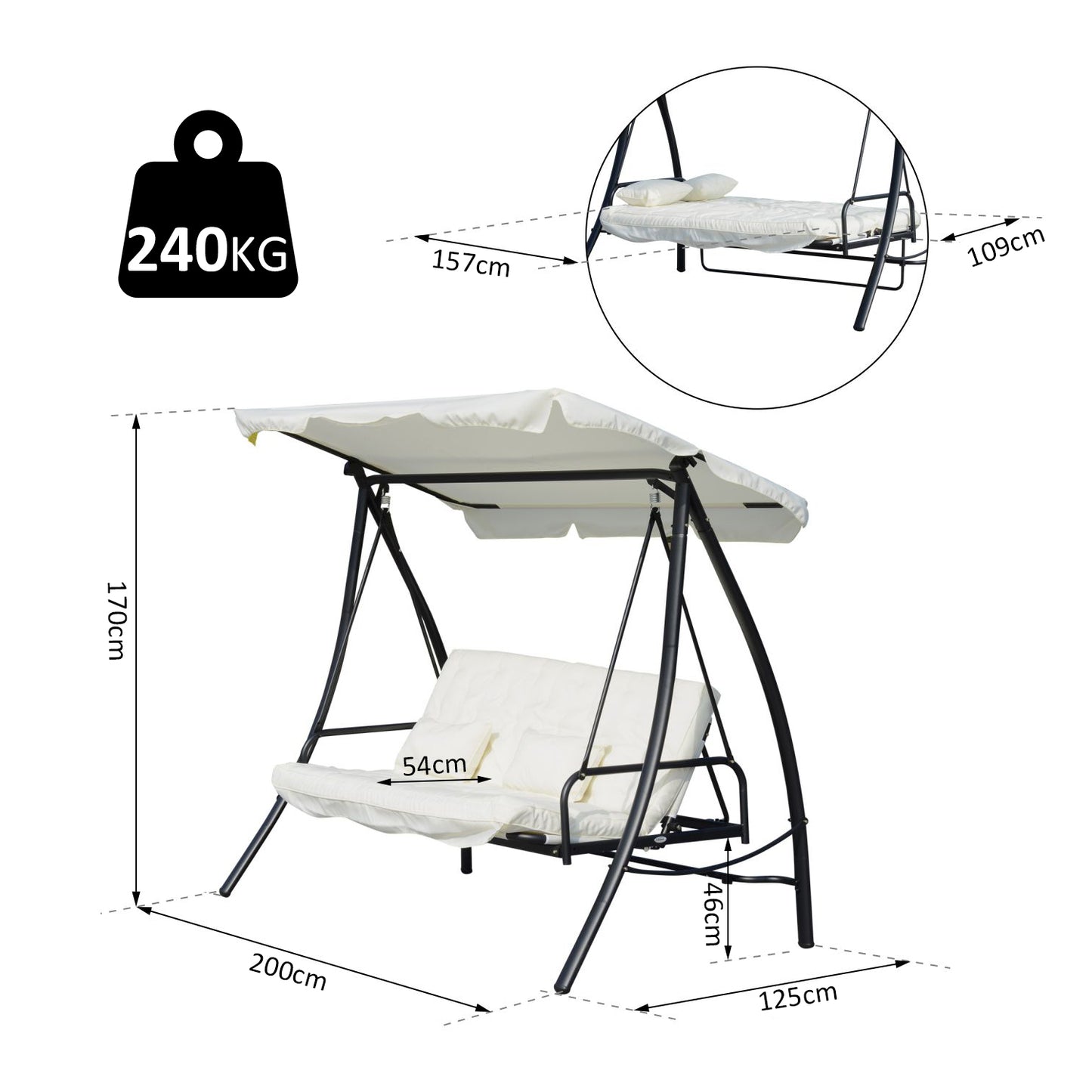 Outsunny 2-in-1 Convertible Swing Chair, 200Lx125Wx170H cm, Steel Frame-Cream White