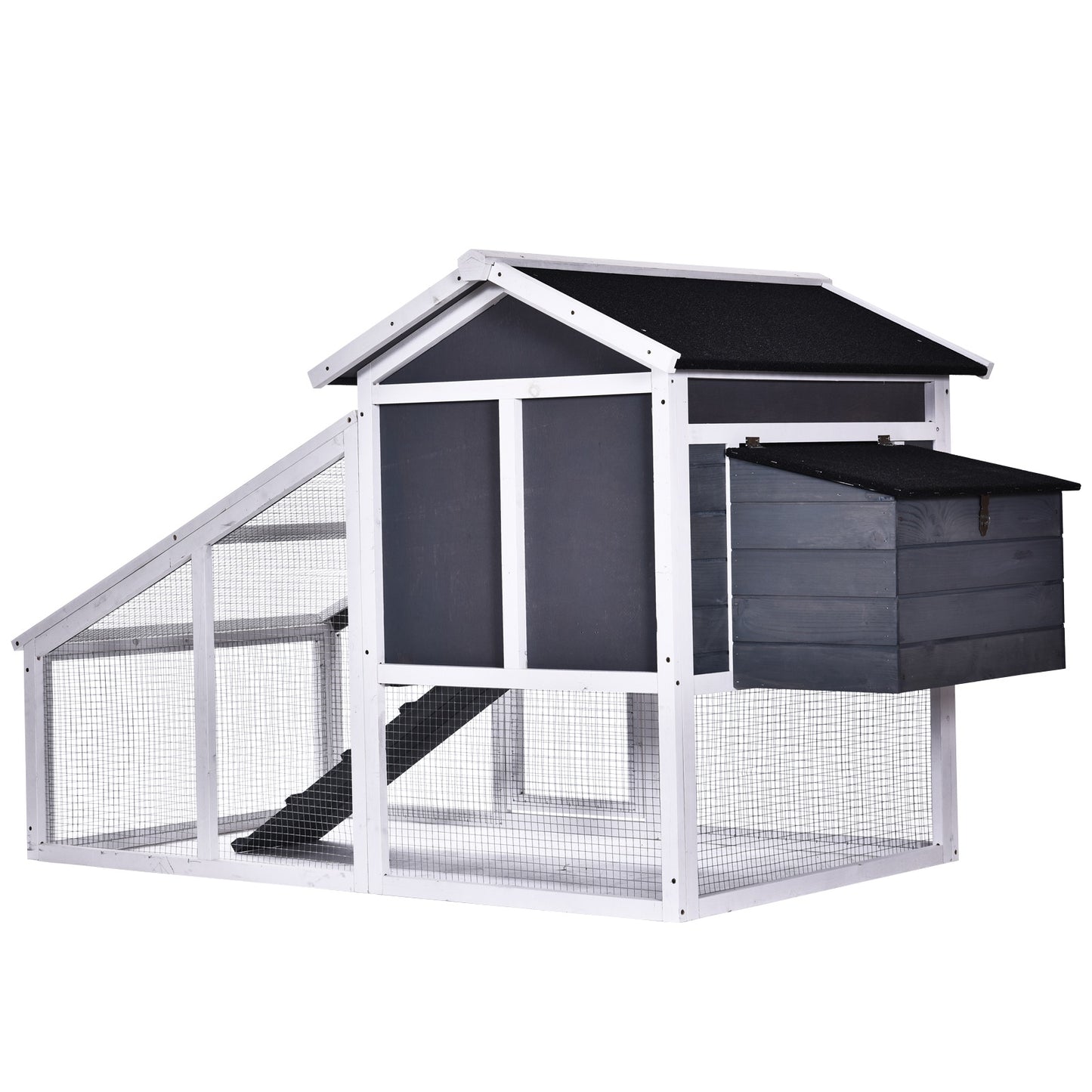 PawHut Wooden Chicken Coop Poultry House with Nesting Box Run Ramp Sliding Tray Grey
