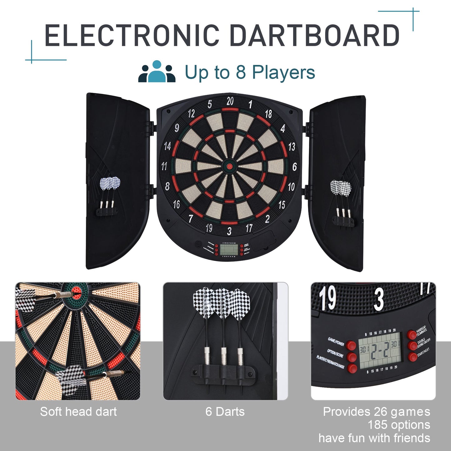 HOMCOM Electronic Dartboard 26 Games, 185 Variations with 6 Darts Cabinet to Stroage