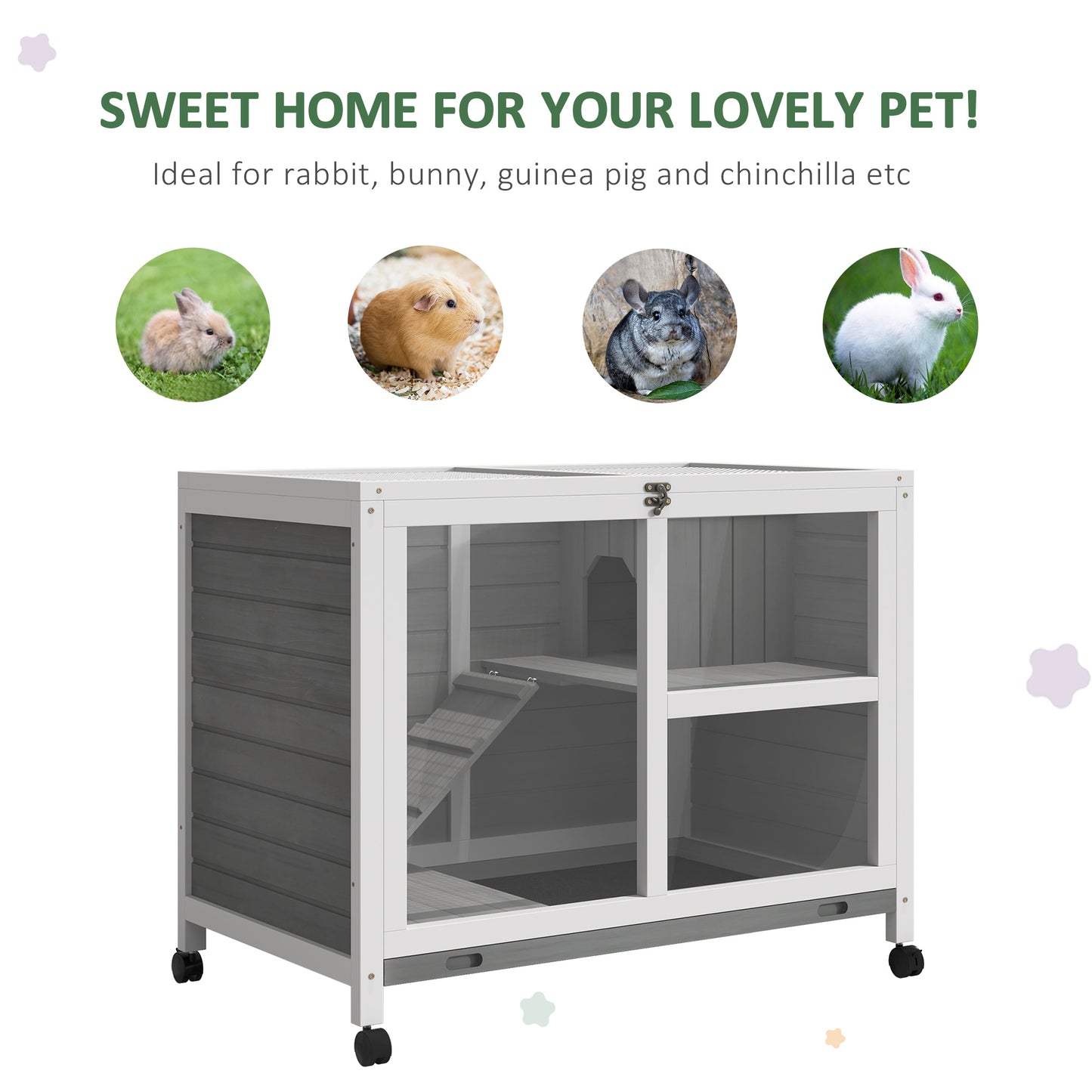 PawHut Indoor Rabbit Hutch Guinea Pigs House Bunny Cage Openable Roof 91.5x53.3x73cm