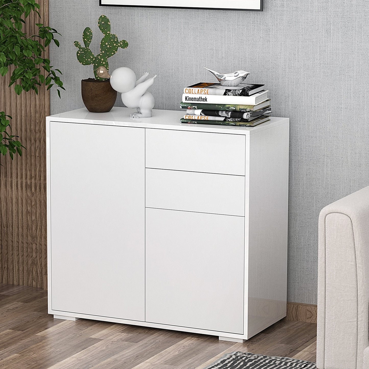 HOMCOM Push-Open Cabinet with 2 Drawer 2 Door Storage Cabinet for Home Office White