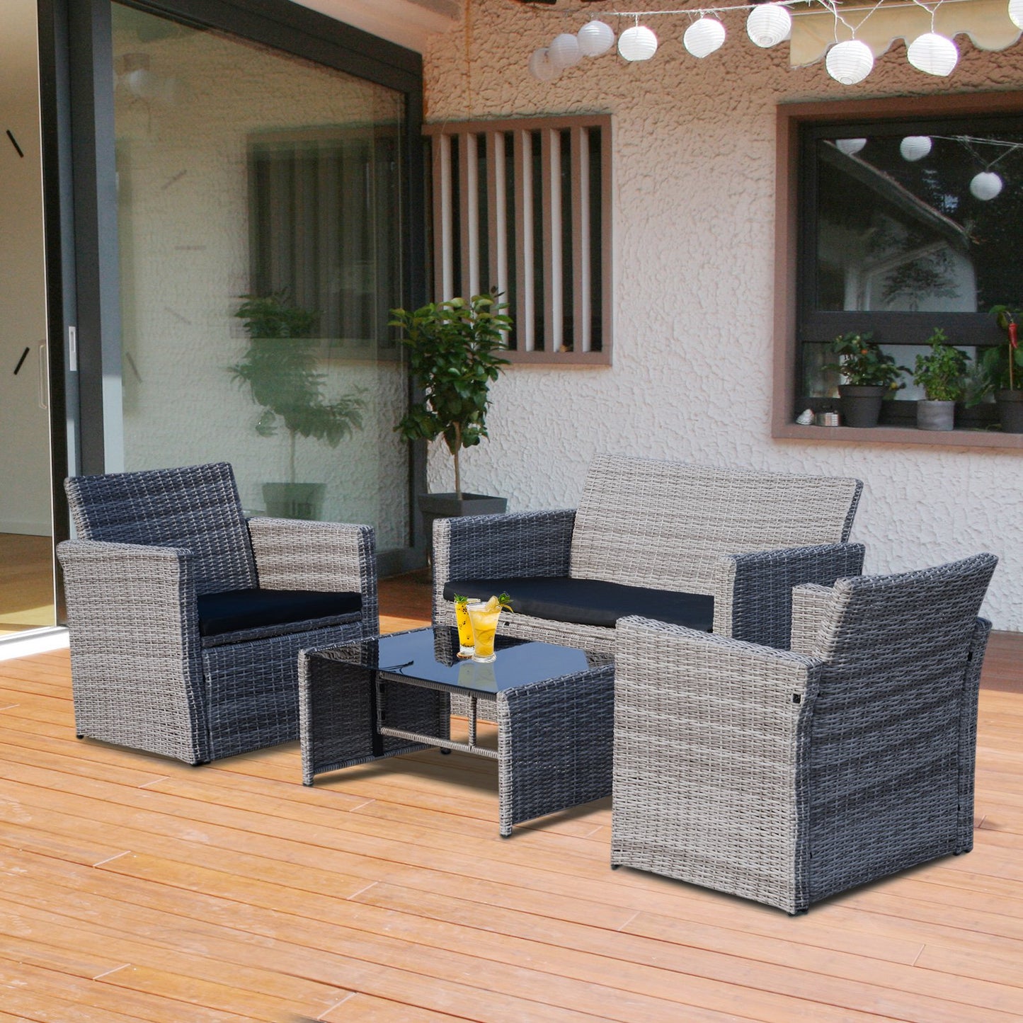 Outsunny 4-Seater Outdoor PE Rattan Table and Chairs Set Grey